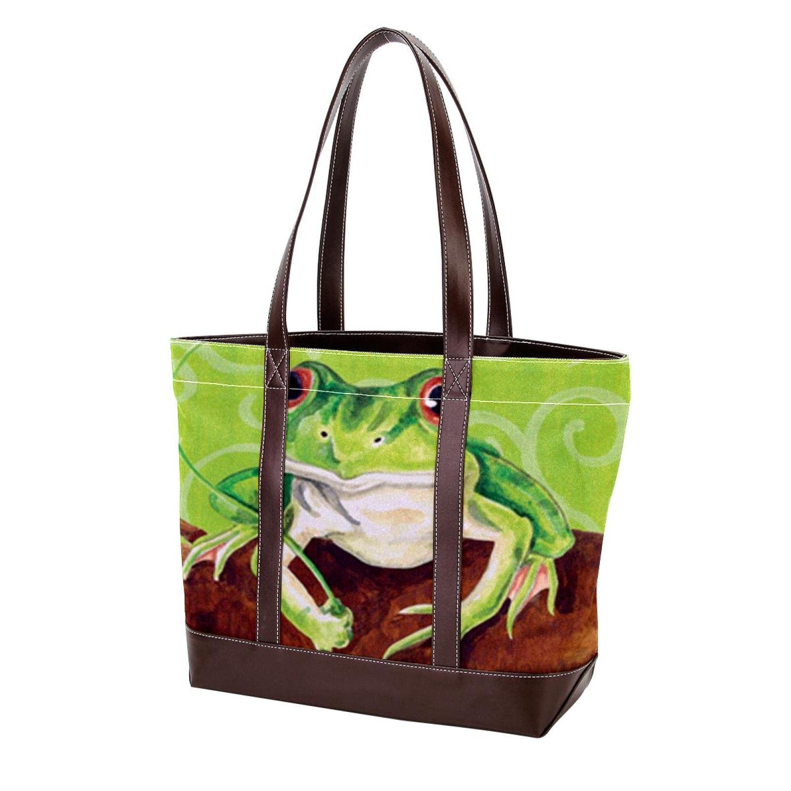 Watercolor Frog & Ladybug Tote Bag for Women - Stylish Beach Bag, Laptop Shoulder Bag with Zipper - Perfect for Work, Travel & Shopping