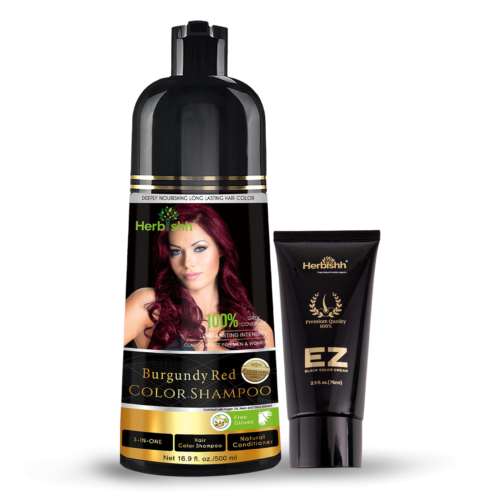 Herbishh Burgundy Hair Color Shampoo & Cream Set - 500ml Gray Hair Coverage & Natural Color Treatment | At-Home Salon Solution for Women & Men with Premature Graying