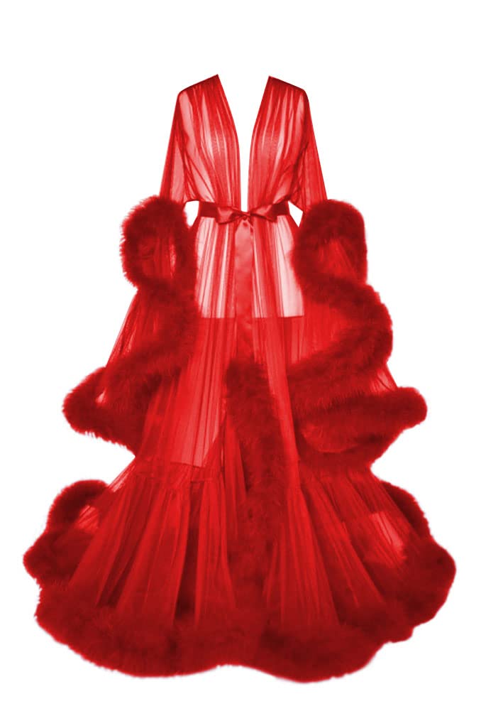 Old Hollywood Feather Bridal Robes for Women - Elegant Long Wedding Scarf Nightgown, Bathrobe & Sleepwear with Tulle Lingerie & Belt - Perfect for Bridal Showers, Honeymoon & Luxury Loungewear