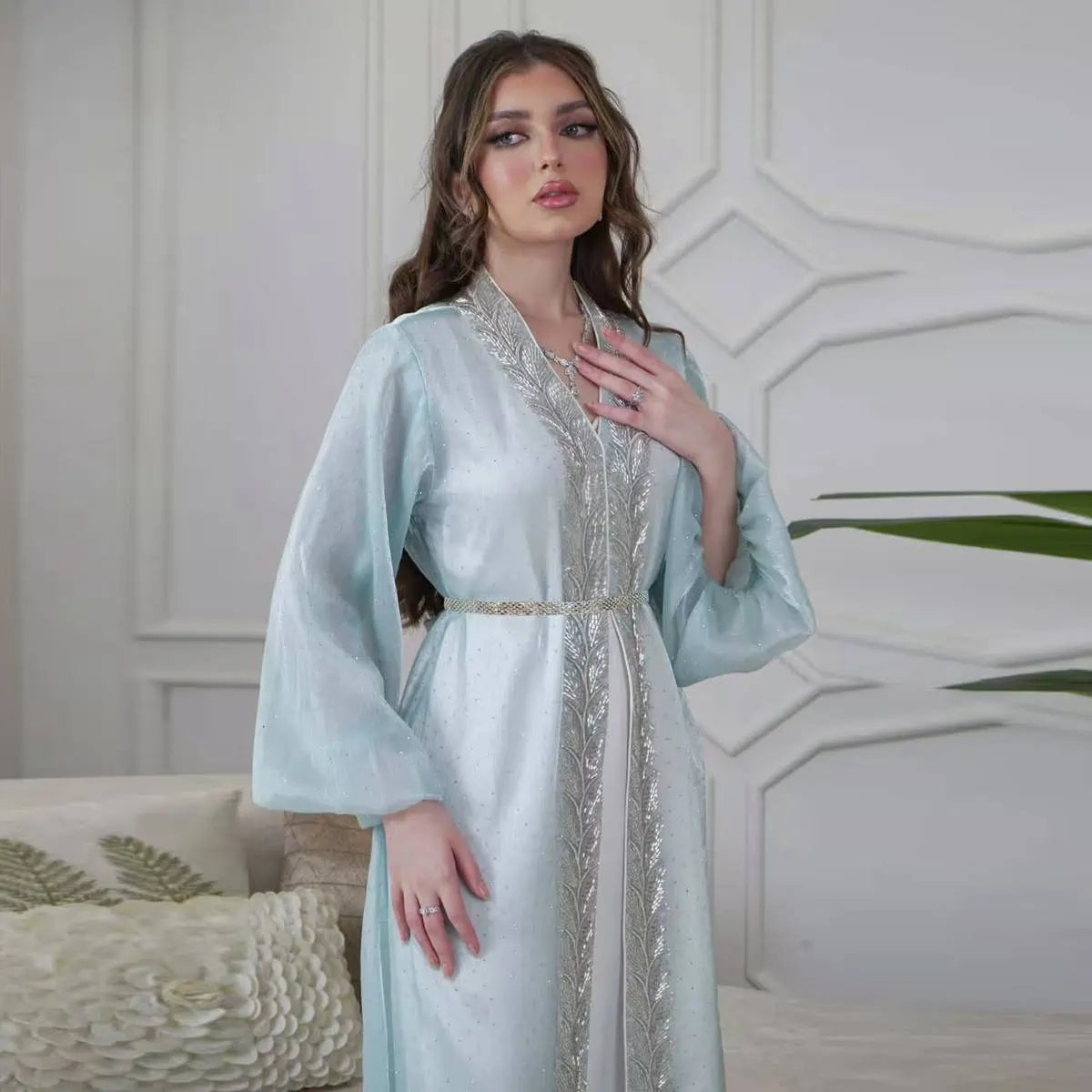 2-Piece Hotfix Rhinestone Caftan Dress Set with Inner Sleeveless Dress #25453 - Elegant Beach Cover Up, Evening Gown & Summer Party Wear for Women