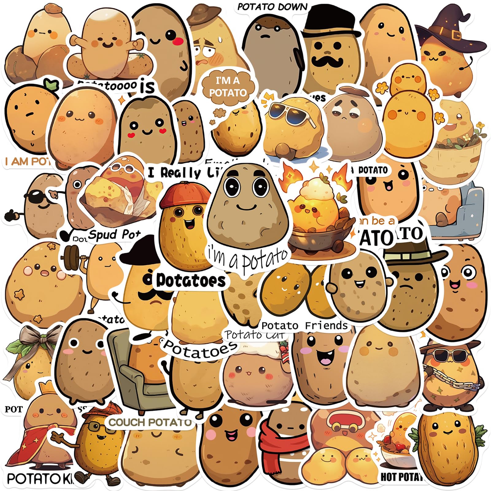 50PCS Cute Potato Stickers for Kids & Adults - Waterproof Vinyl Decals for Laptop, Water Bottle, Phone, Car, Hard Hat - Fun DIY Decoration for Teens, School, Office & Home Decor