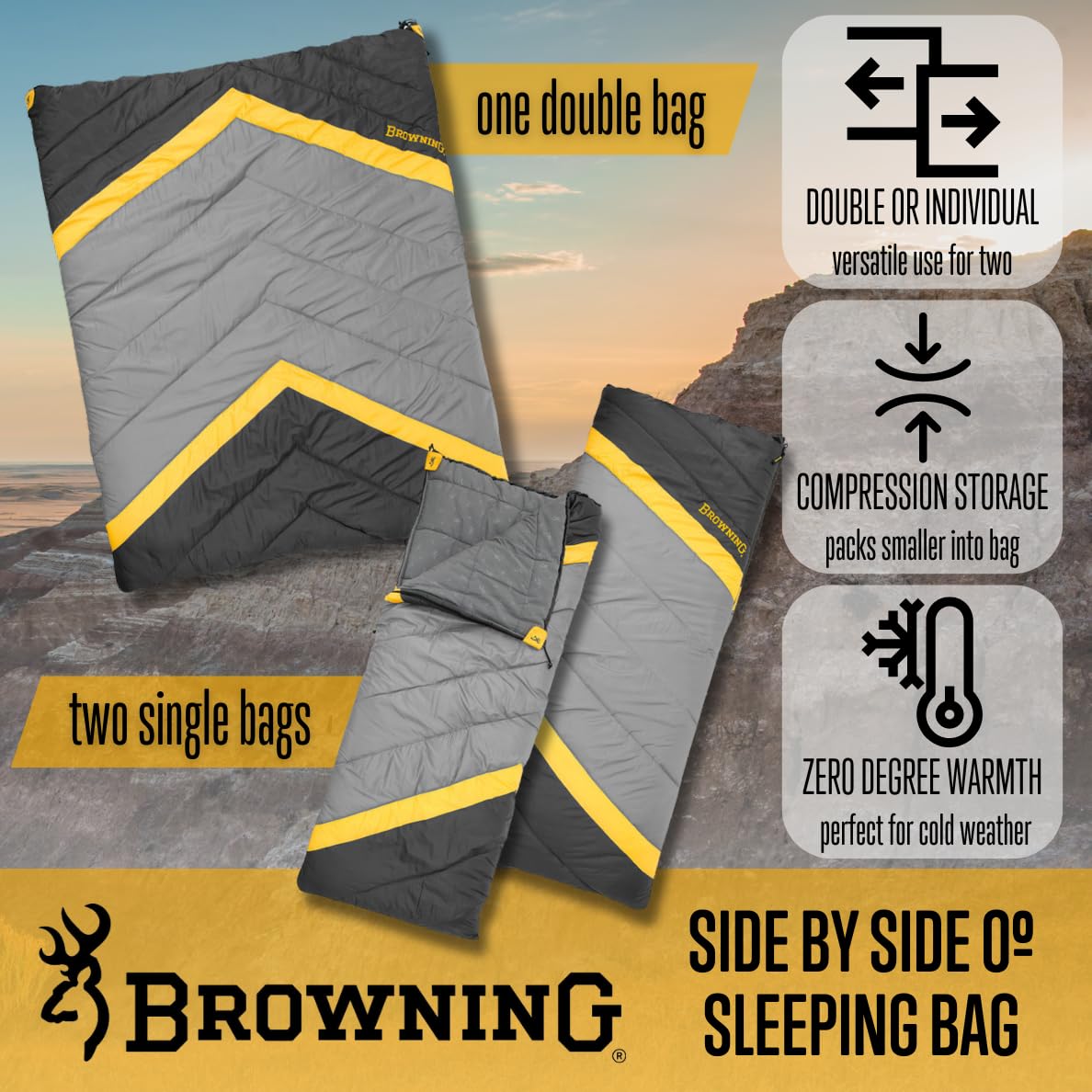 Browning 0°F Double Sleeping Bag for Camping - Warm & Spacious Two-Person Sleeping Bag for Couples, Backpacking, Hiking, and Outdoor Adventures