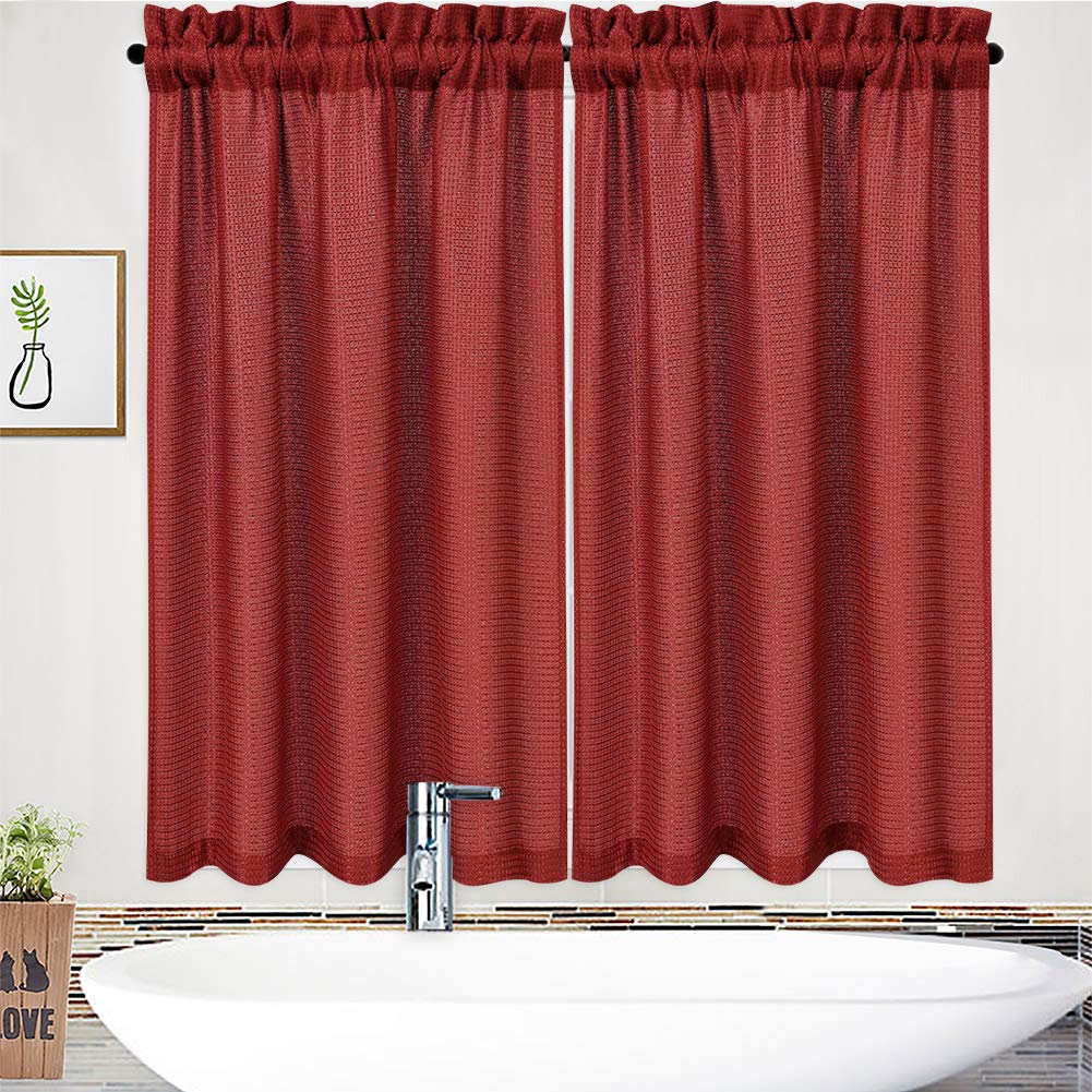 Waffle Weave Kitchen Curtains 30x45 Inches - Set of 2 Burgundy Window Drapes for Small Windows in Kitchen, Bathroom, Basement & Bedroom - Casual Textured Home Decor for Cozy Spaces