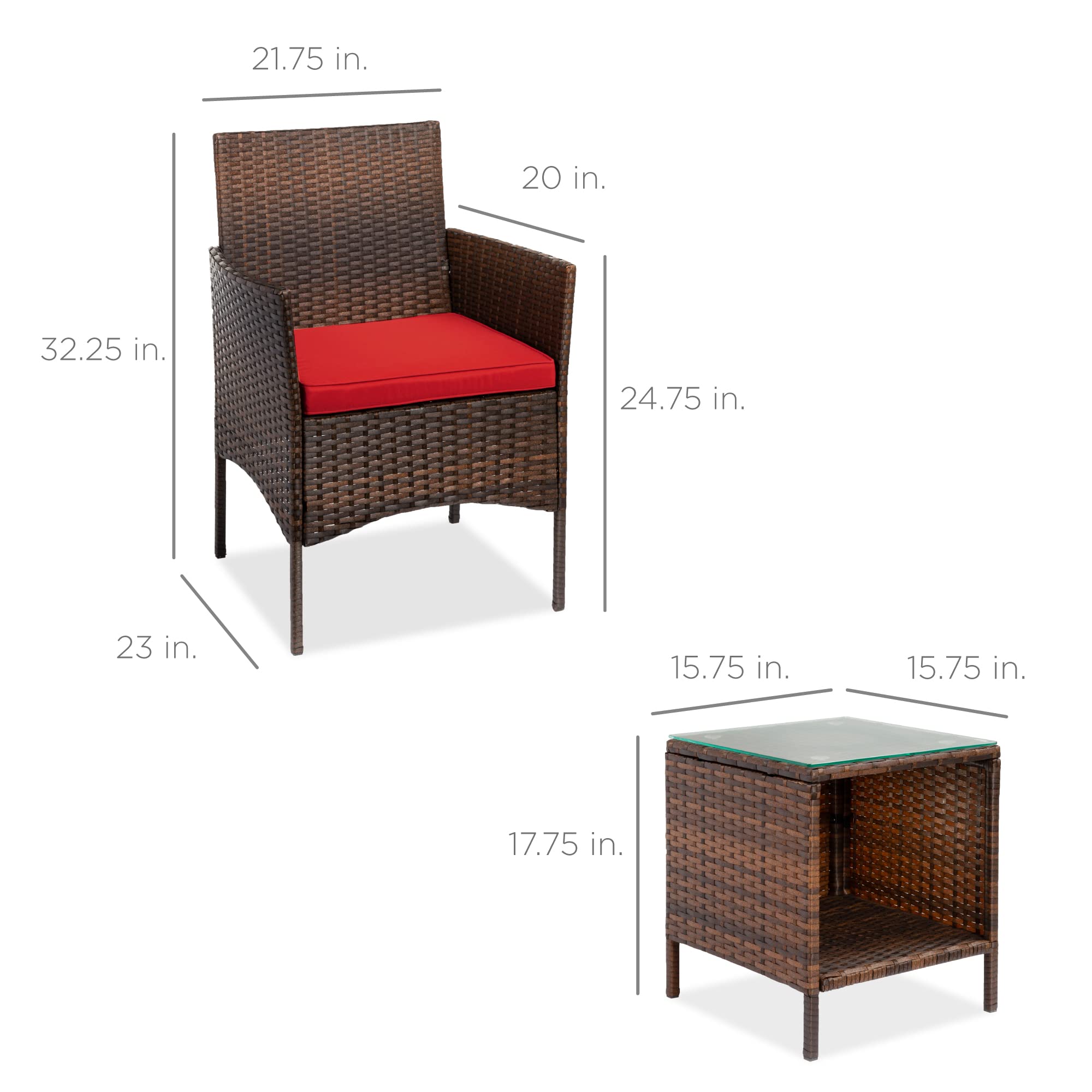 Best Choice Products 3-Piece Outdoor Wicker Conversation Bistro Set - Space Saving Patio Furniture with Side Table for Garden, Balcony or Backyard - Brown/Red Cushions - Perfect for Relaxing and Entertaining Outdoors