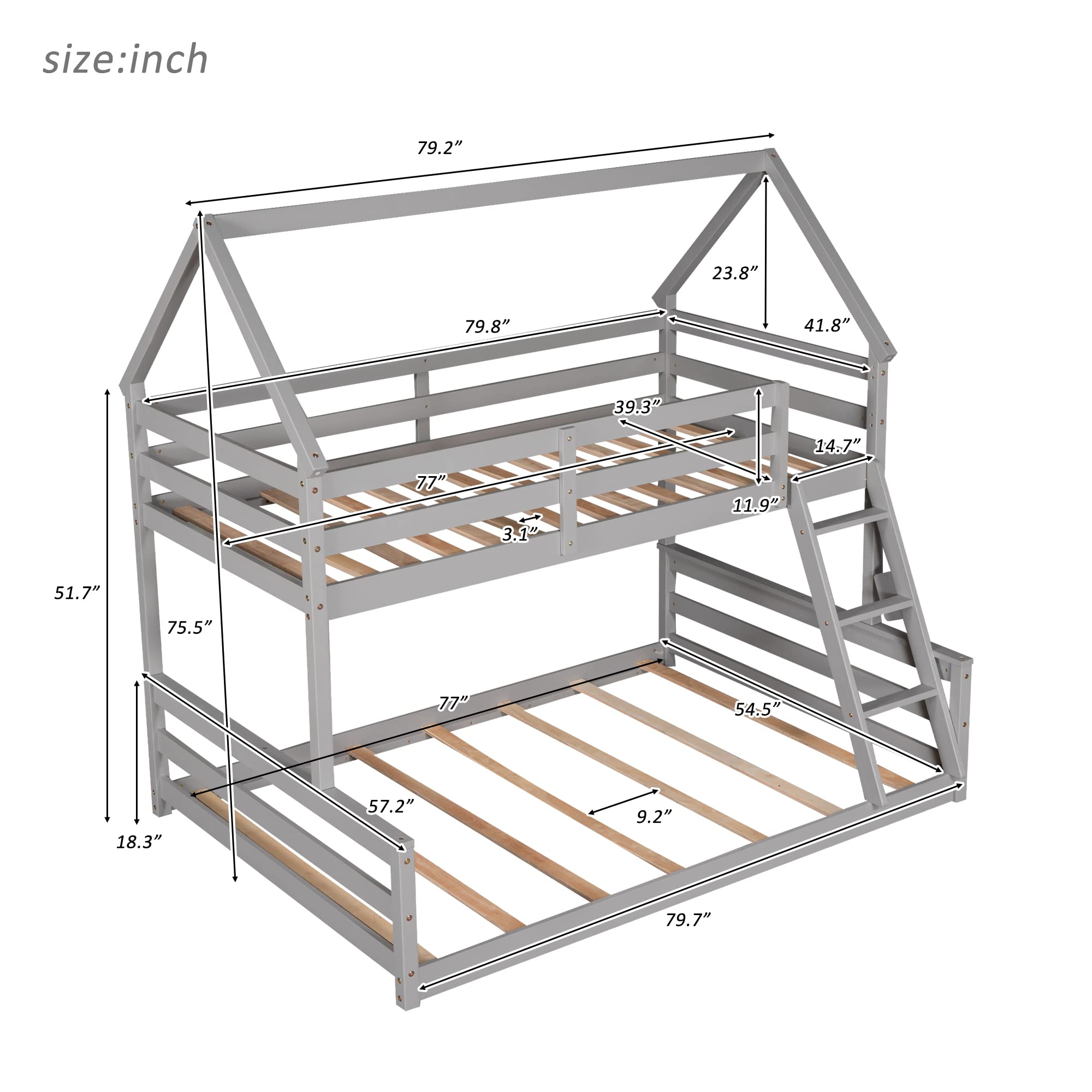 Low Bunk Bed Twin Over Full - Sturdy Wooden House Bunk Bed Frame with Ladder & Safety Guardrail - Space-Saving Loft Bed for Kids, Teens, Students & Guest Rooms - No Box Spring Needed - Gray - Perfect for Small Bedrooms, Dormitories & Vacation Homes