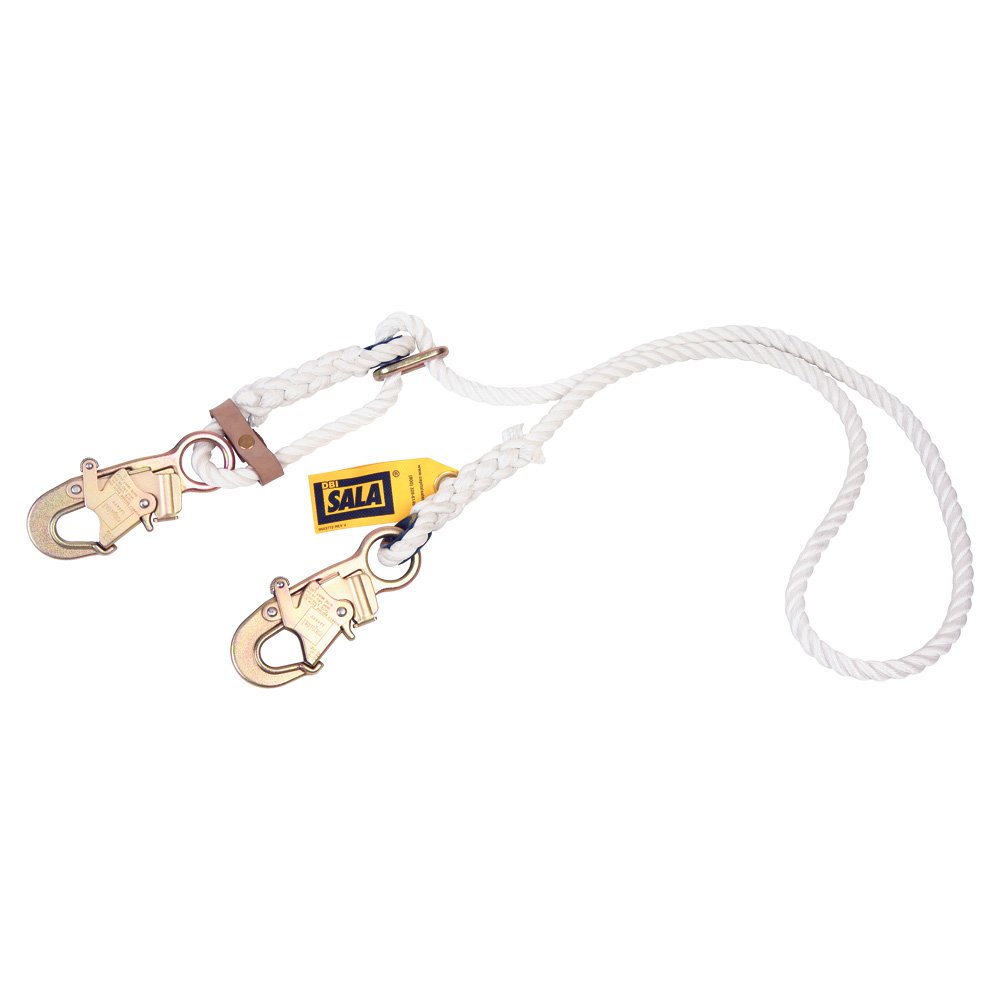 3M DBI-SALA 1232210 Adjustable Safety Lanyard - 6ft Polyester Rope with Snap Hooks for Fall Protection & Positioning - Ideal for Construction, Roofing & Industrial Work (White)