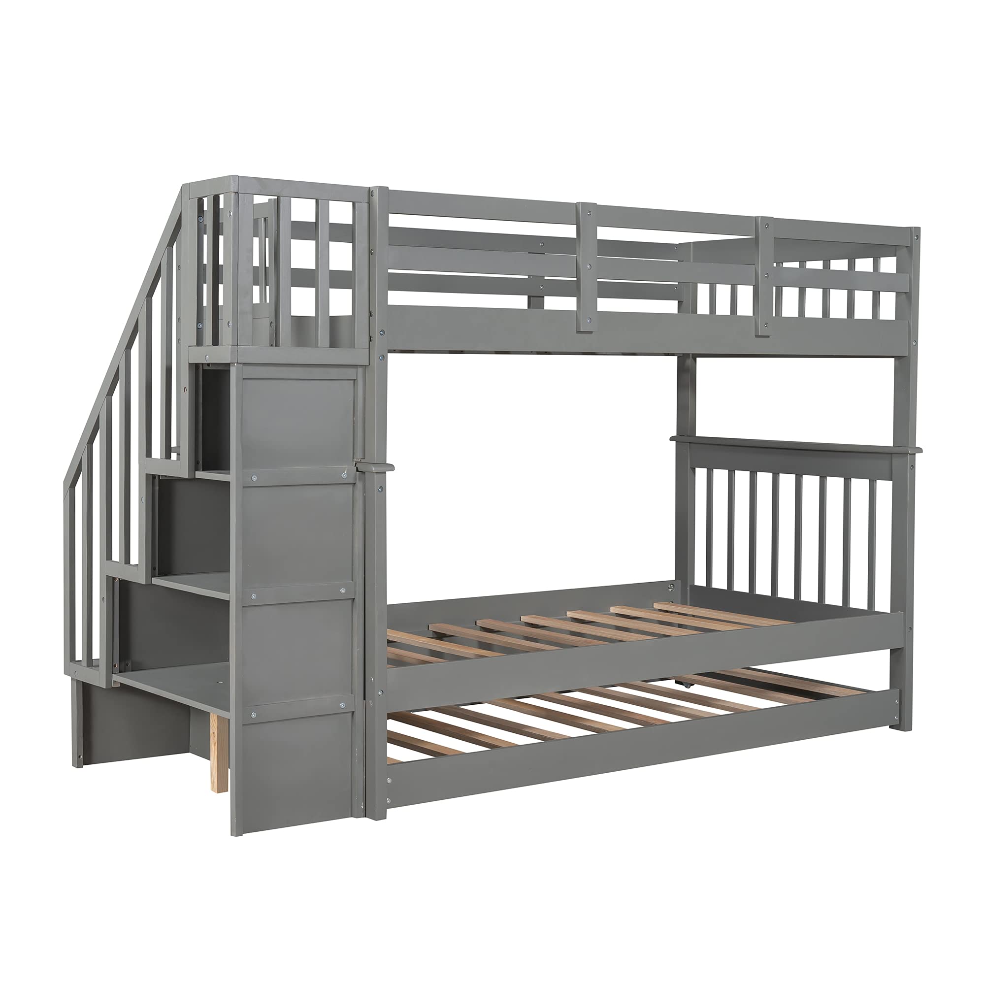SOFTSEA Twin Over Twin Bunk Bed with Trundle - Space-Saving Kids & Teens Bedroom Furniture (Gray) - Perfect for Small Rooms, Sleepovers & Guest Accommodation