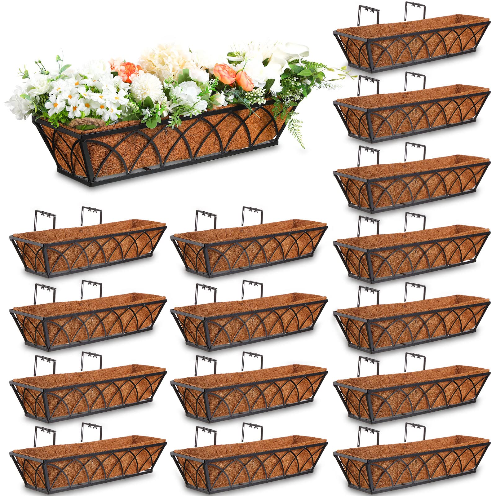 16 Pack Black Metal Window Box Planters with Coconut Liner - 24 Inch Hanging Flower Boxes for Deck, Balcony, Fence & Porch | Outdoor Garden Decor for Patio, Lawn & Home Exterior