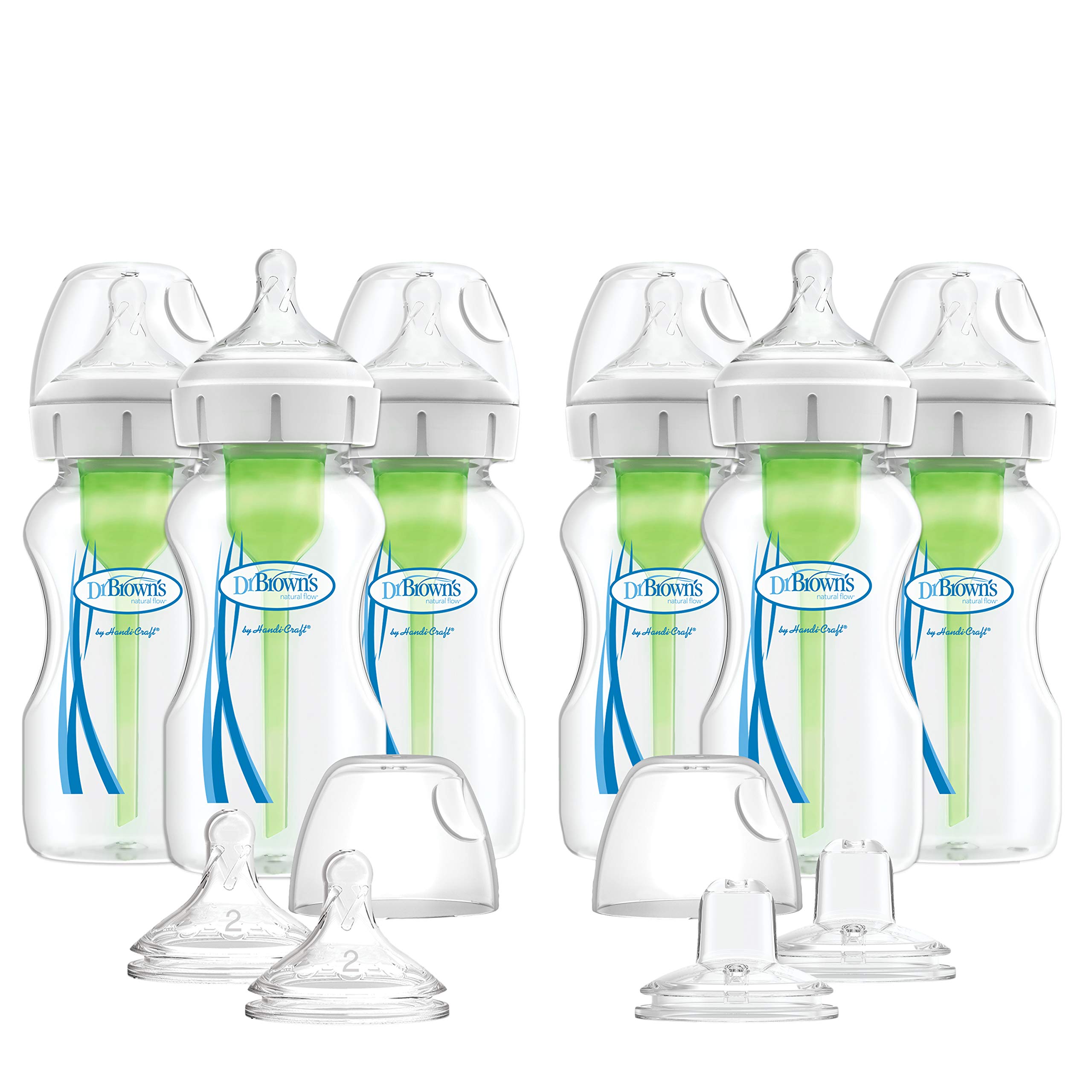 Dr. Brown's Natural Flow Anti-Colic Baby Bottles 9oz (270ml) - 6 Pack with Level 1 Slow Flow Nipple + Bonus 2 Level 2 Nipples & 2 Sippy Spouts - BPA-Free Wide Neck Bottles for Breastfed Babies - Ideal for Newborns, Infants & Toddlers for Feeding, Travel & Daycare Use