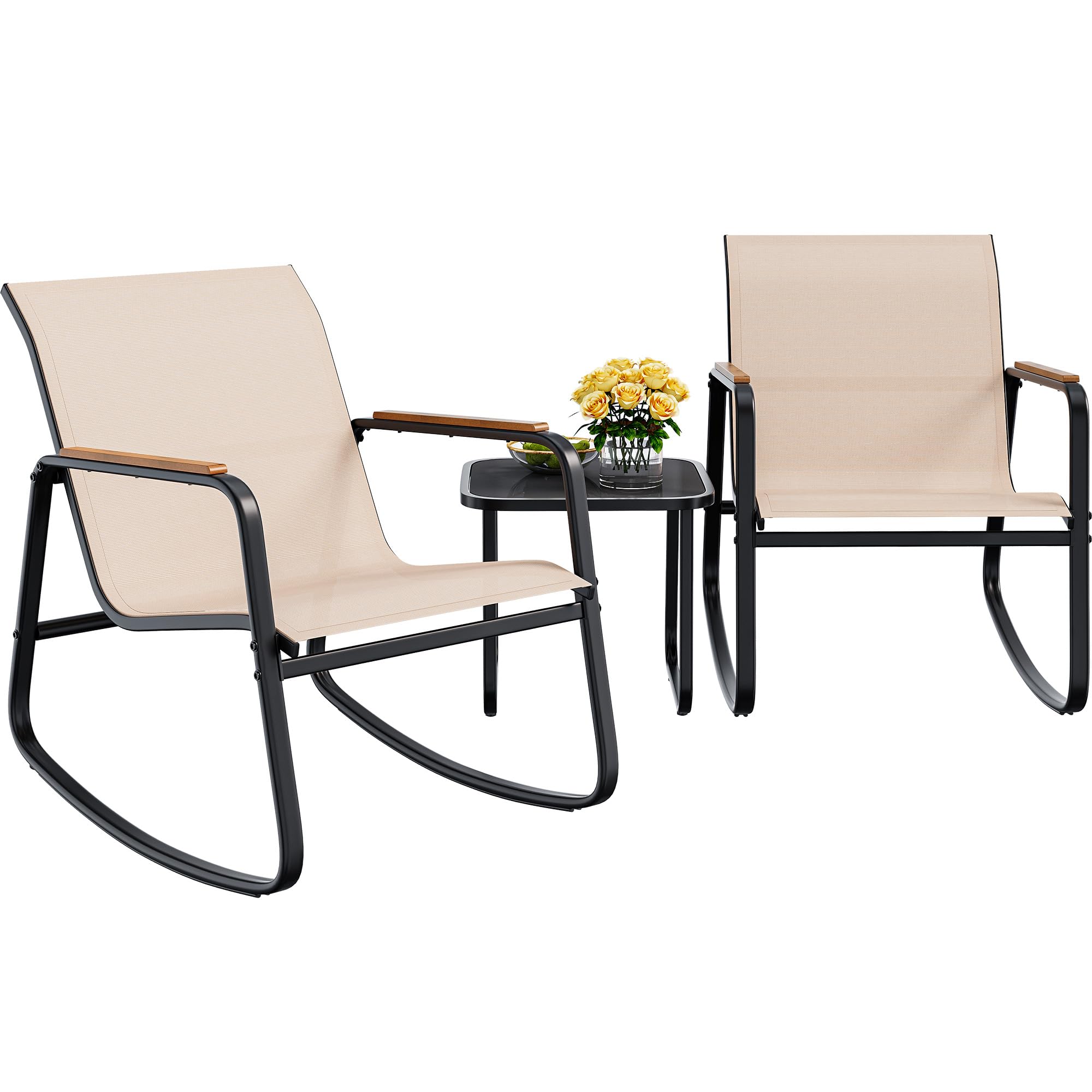 YITAHOME 3-Piece Outdoor Rocking Bistro Set with Wooden Armrests & Glass Table - Patio Furniture for Garden, Balcony, Poolside & Porch - Beige Rattan Chairs for Relaxing & Entertaining