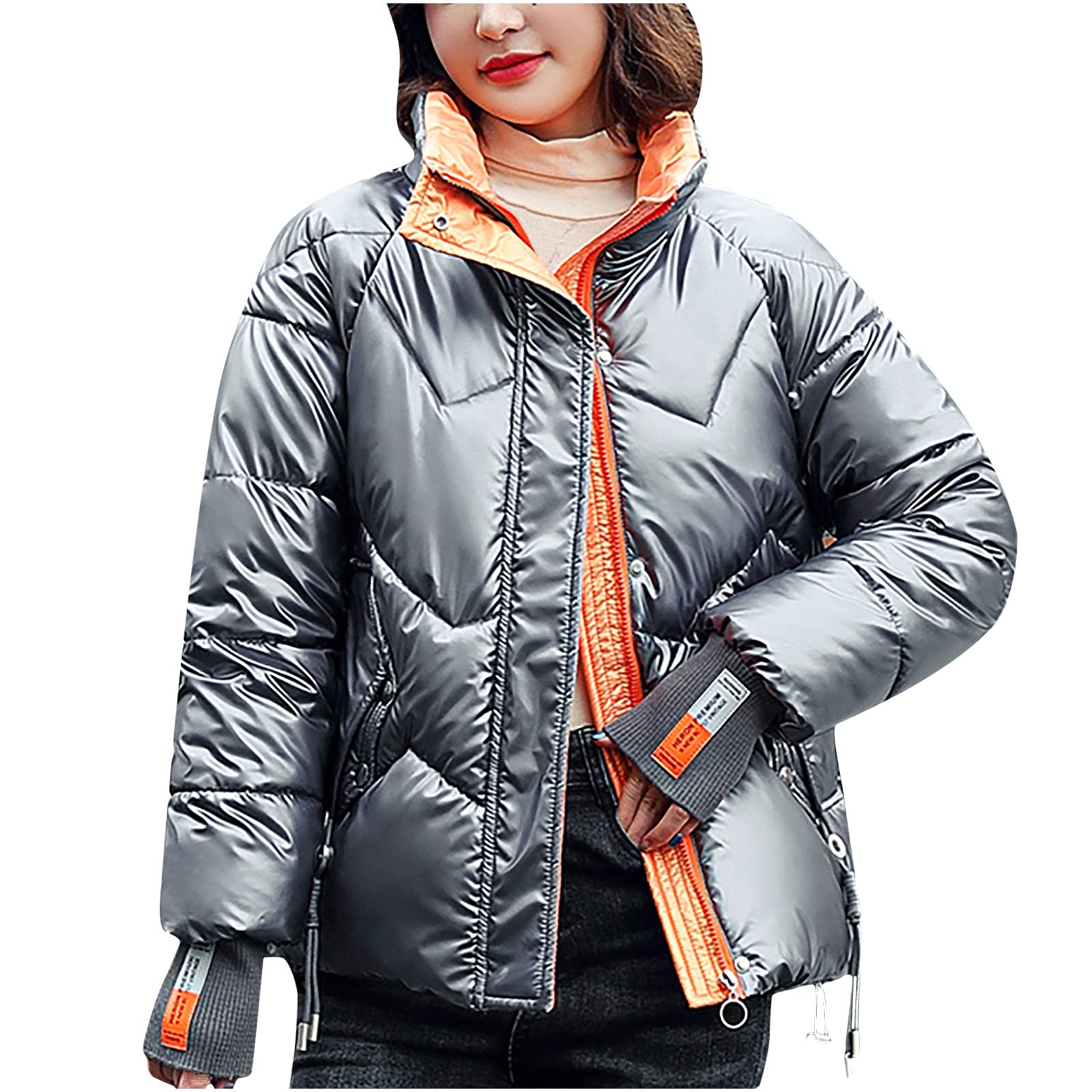 Women's Winter Short Padded Jacket - Warm Waterproof PU Coated Cotton Puffer Coat for Cold Weather, Fashionable Loose Fit Shiny Outerwear for Daily Wear, Work & Outdoor Activities