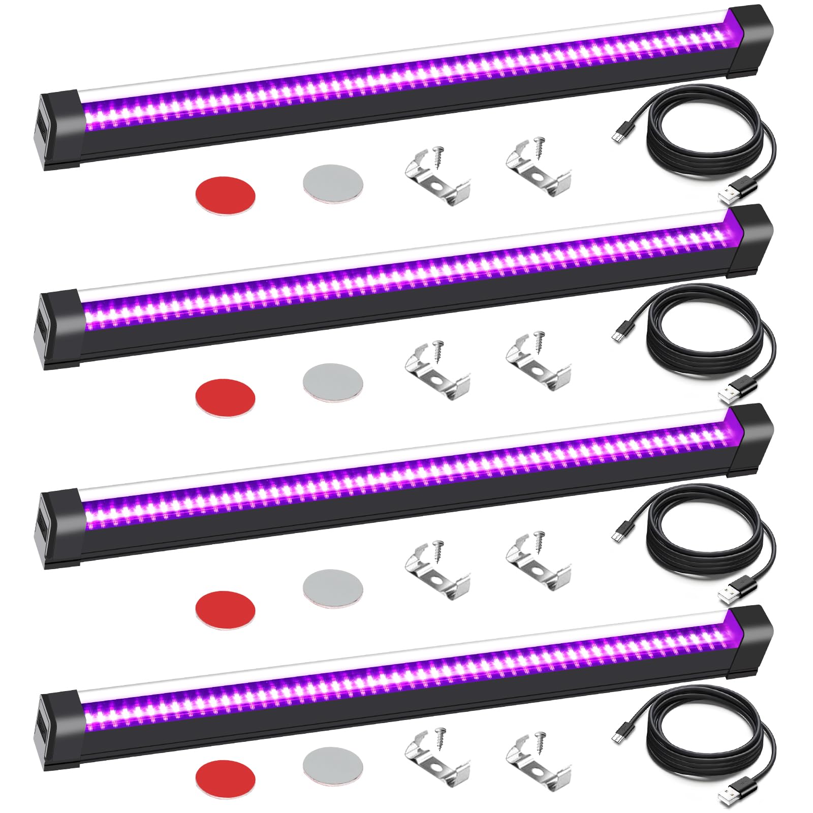 15W Black Light Bar 4 Pack - 1.4ft USB Blacklight Strip for Glow Party, Body Paint & UV Decor - Portable Magnetic Blacklight Tube for Uranium Glass Display, Fluorescent Tapestry & Poster Lighting - Perfect for Room Decor, Nightclub Events & DIY UV Projects