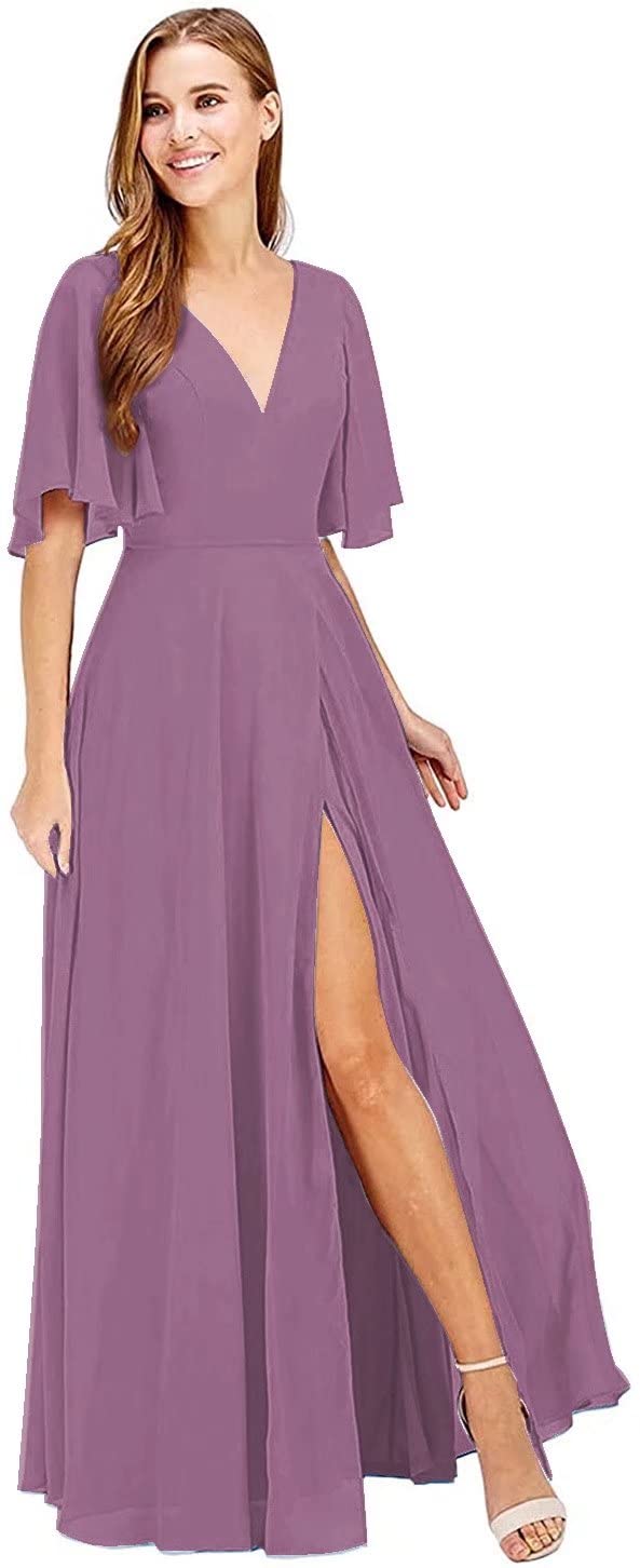 Elegant V-Neck Chiffon Bridesmaid Dresses Long with Side Slit - A-Line Formal Party Gowns with Sleeves for Women | Perfect for Weddings, Proms & Special Occasions