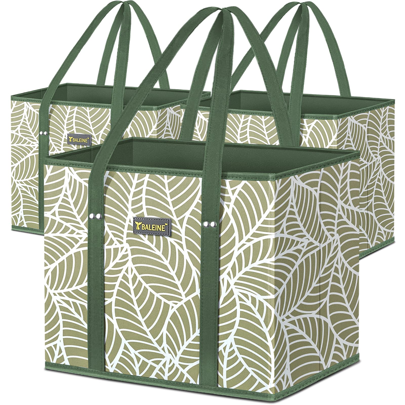 BALEINE 3-Pack Reusable Grocery Bags - Foldable Shopping Tote with Reinforced Bottom & Handles for Supermarket, Farmers Market & Travel (Antique Foliage Design) | Eco-Friendly & Durable for Daily Shopping & Errands