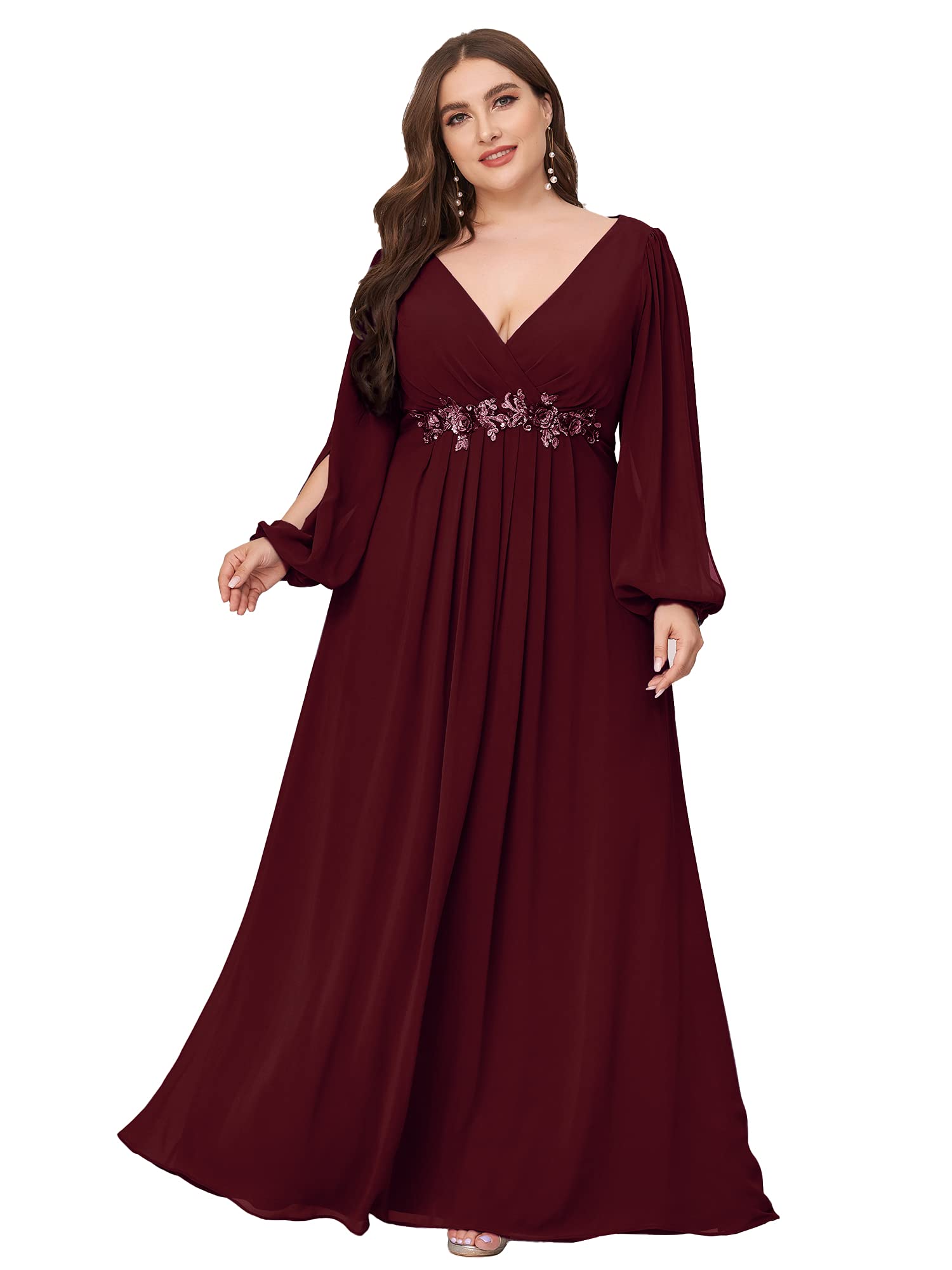 Ever-Pretty Plus Size Women's Formal Dress - V Neck Floor Length Floral Applique Lantern Sleeves Evening Gown for Curvy Women | Wedding Guest, Prom, Cocktail Party, Special Occasions