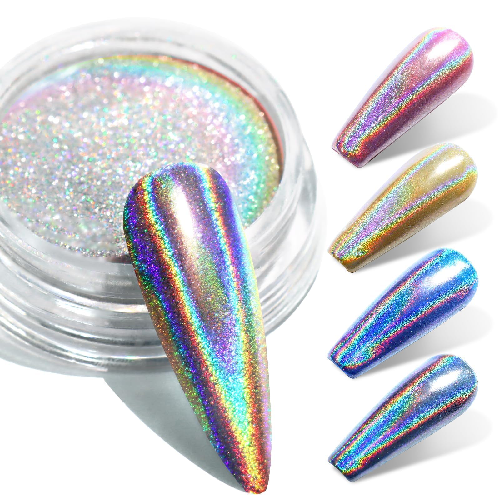 Holographic Nail Powder - Rainbow Iridescent Chrome Mirror Metallic Pigment for Gel Polish & Nail Art | Fine Glitter Nail Decorations for DIY Manicures, Resin Crafts & Professional Salon Use | Laser Silver Shine