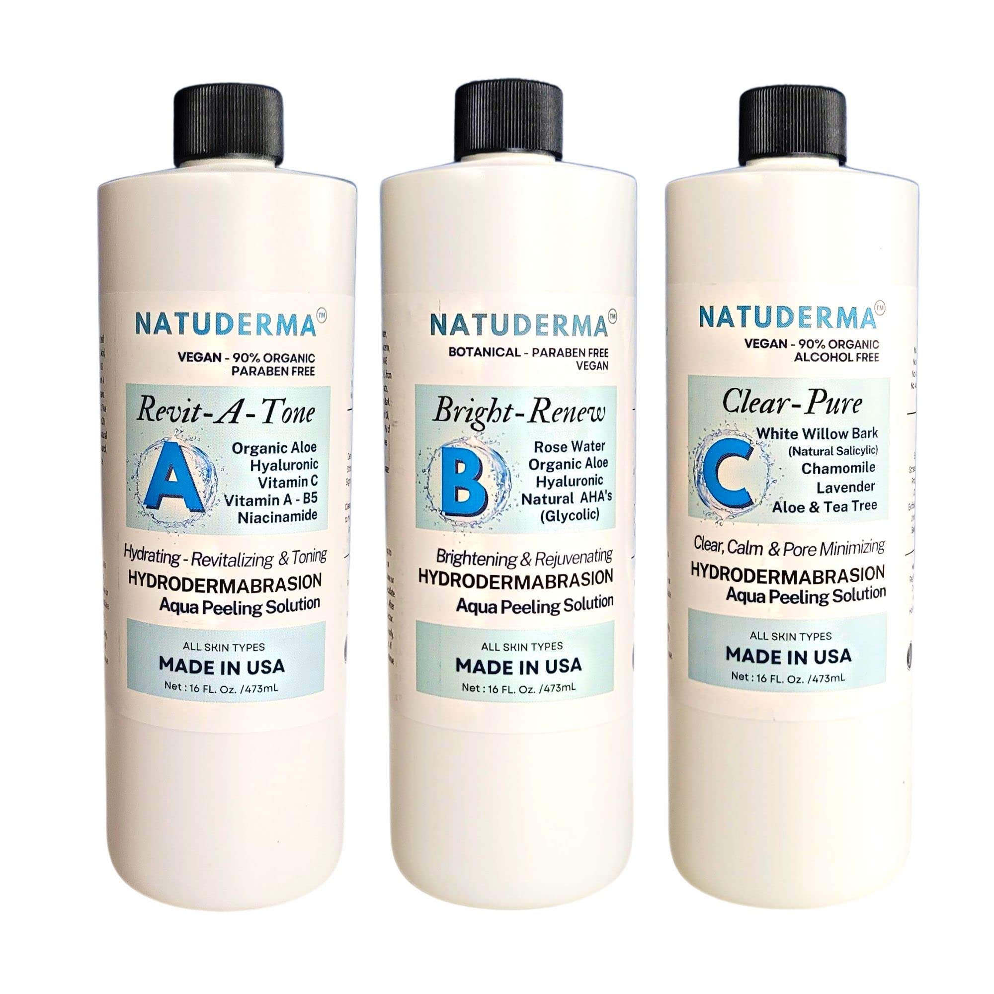 Natuderma Hydro Serum - Hydrodermabrasion Solution & Aqua Peeling Serum for Wet Microdermabrasion (3 Pack, 16 oz Each) | Made in USA | Professional Skin Exfoliation & Hydration for Face & Body