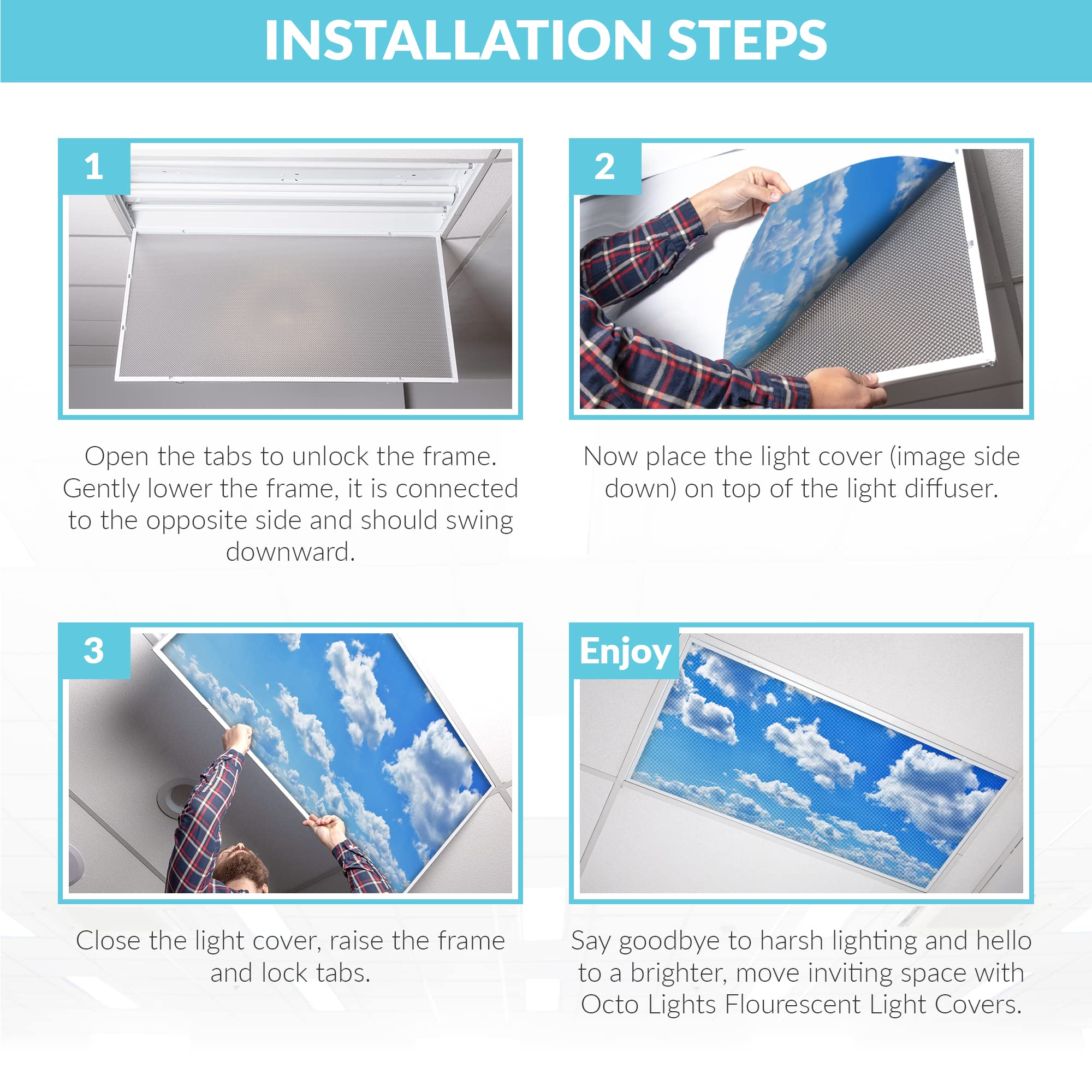 OCTO LIGHTS Fluorescent Light Covers for Classroom & Office - Reduce Eye Strain & Headaches by Eliminating Harsh Glare (4-Pack, Cloud Design) - Perfect for Schools, Hospitals, and Workspaces