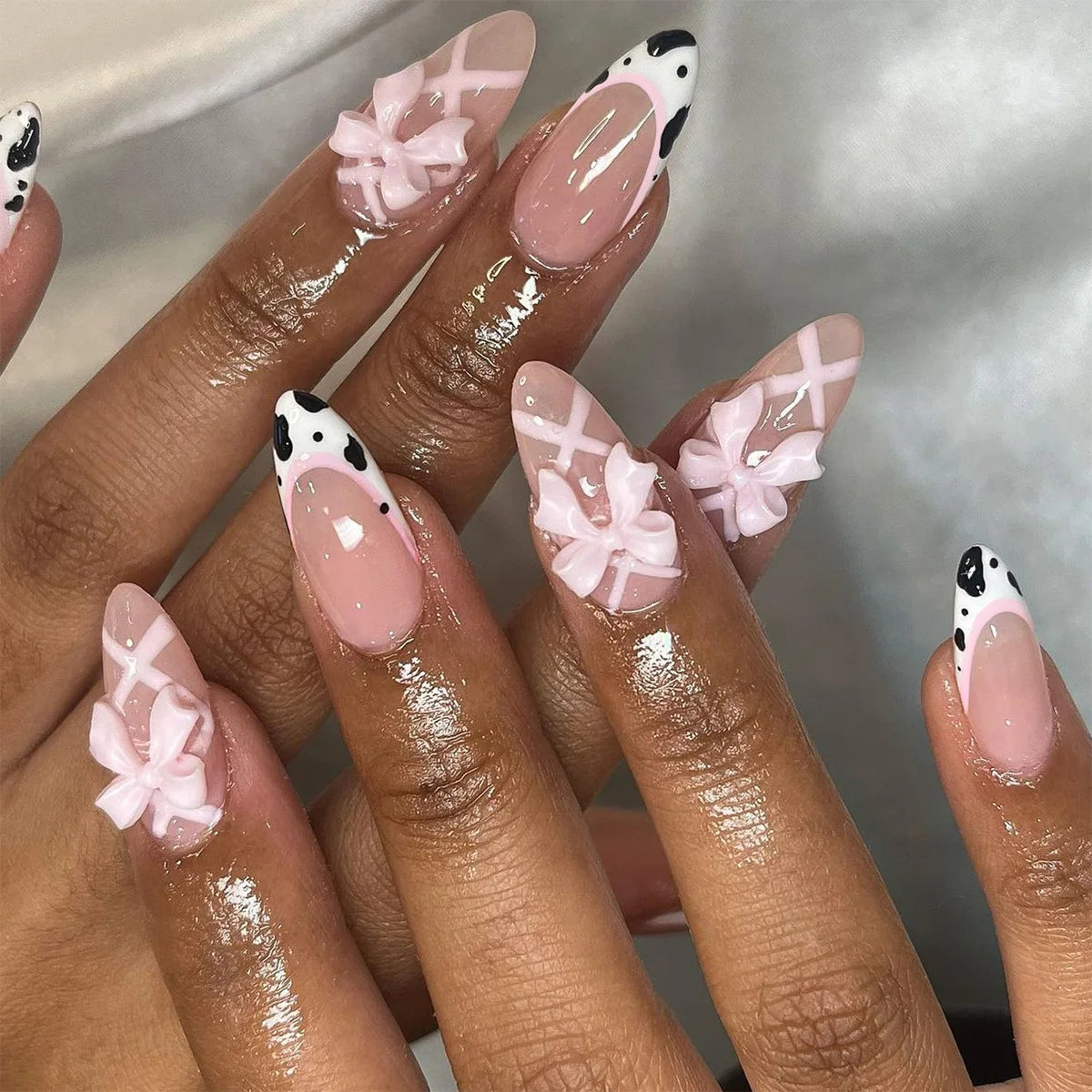 24Pcs Dark Red Almond False Nails with 3D Metal Bow Designs - French Tip Press on Nails - Full Cover Artificial Nails for Women - Perfect for Valentine's Day, Weddings & Special Occasions