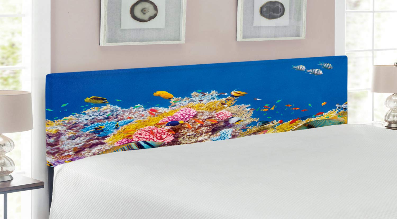 Ambesonne Ocean King Size Headboard - Colorful Underwater World with Corals & Tropical Fish Design, Upholstered Decorative Metal Bed Frame with Memory Foam in Blue & Yellow | Perfect for Beach Themed Bedrooms, Coastal Decor & Nautical Home Interiors