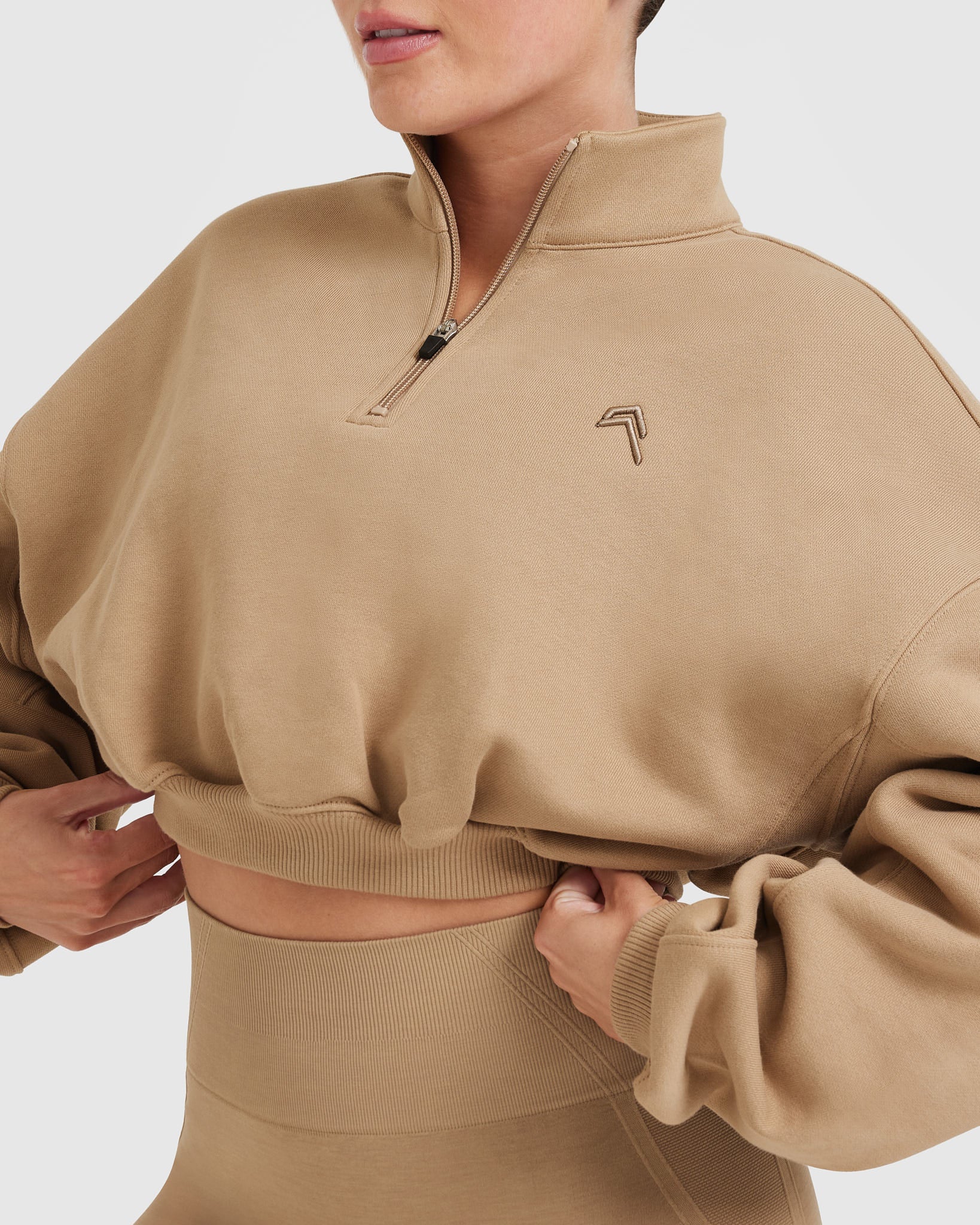 All Day Cozy Crop 1/4 Zip Sweatshirt for Women | Soft Fleece Pullover in Dune Brown | Perfect for Yoga, Running & Casual Outfits