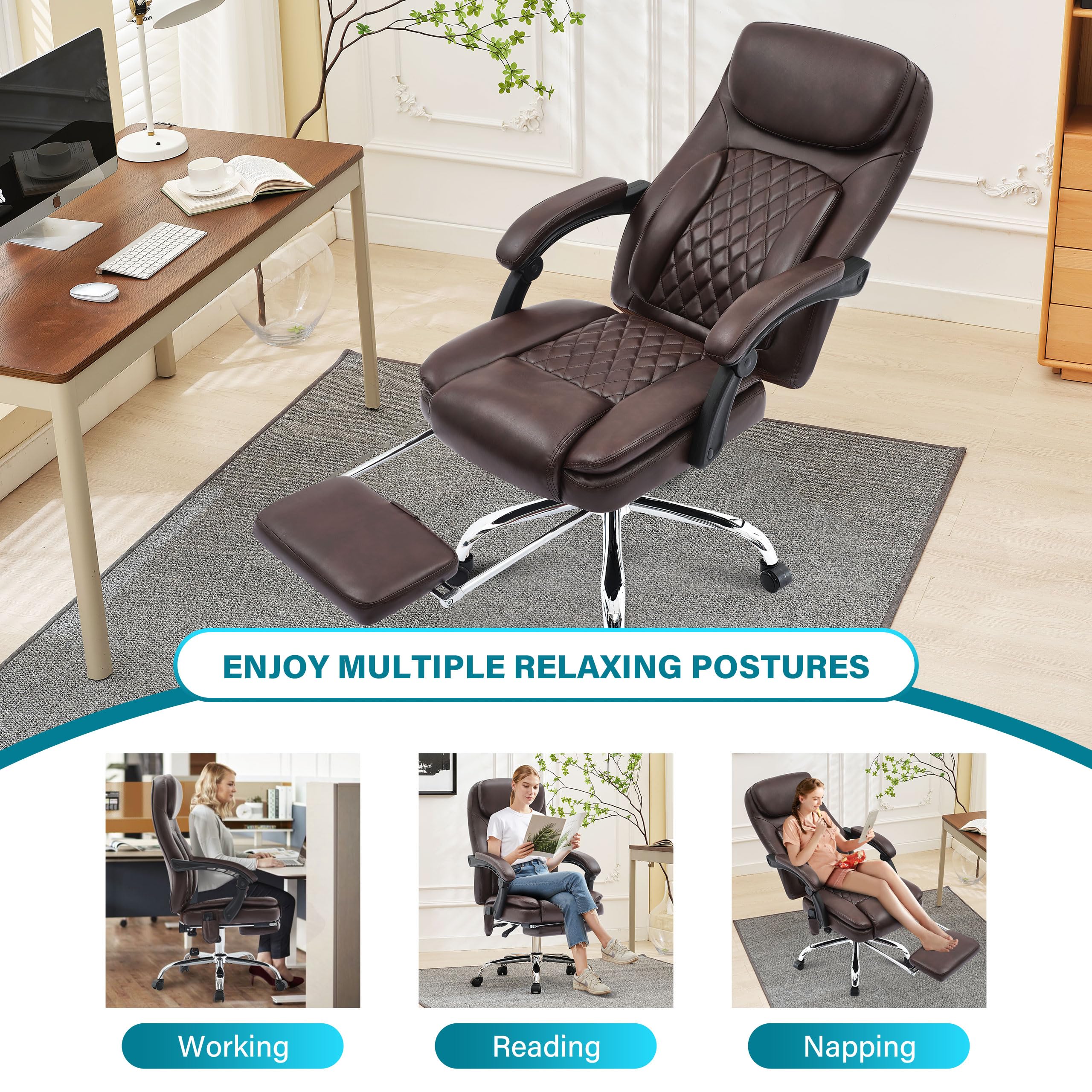 6-Point Massage Office Chair with Heating - Ergonomic Executive Chair with Footrest, 45° Recline & High Back Support - 500LBS Weight Capacity Thick Cushion Desk Chair for Home Office (Brown) - Perfect for Long Work Hours, Gaming & Relaxation
