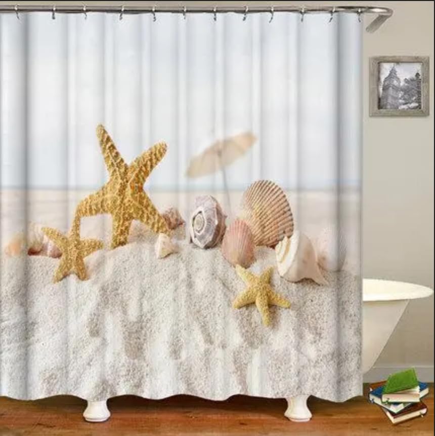 4PCS Non-Slip Yellow Starfish Seashell Shower Curtain Set with Bath Mat Rug - Coastal Ocean Beach Theme Bathroom Decor for Kids & Adults - Includes Pedestal Mat, Toilet Cover & 12 Hooks - Perfect for Beach House, Vacation Rental or Nautical Style Bathroom