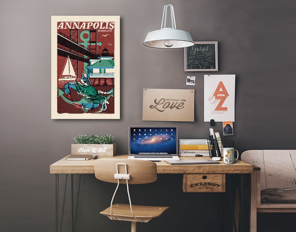 Lantern Press Annapolis Maryland Woodblock Art - 16x24 Wrapped Canvas Wall Decor - Coastal Home & Office Decoration for Living Room, Bedroom or Gift