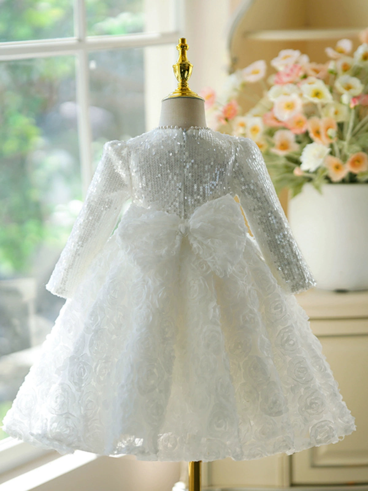 White Princess Jewel Neck Tea Length Polyester Flower Girl Dress for Weddings, Baptisms & Special Occasions