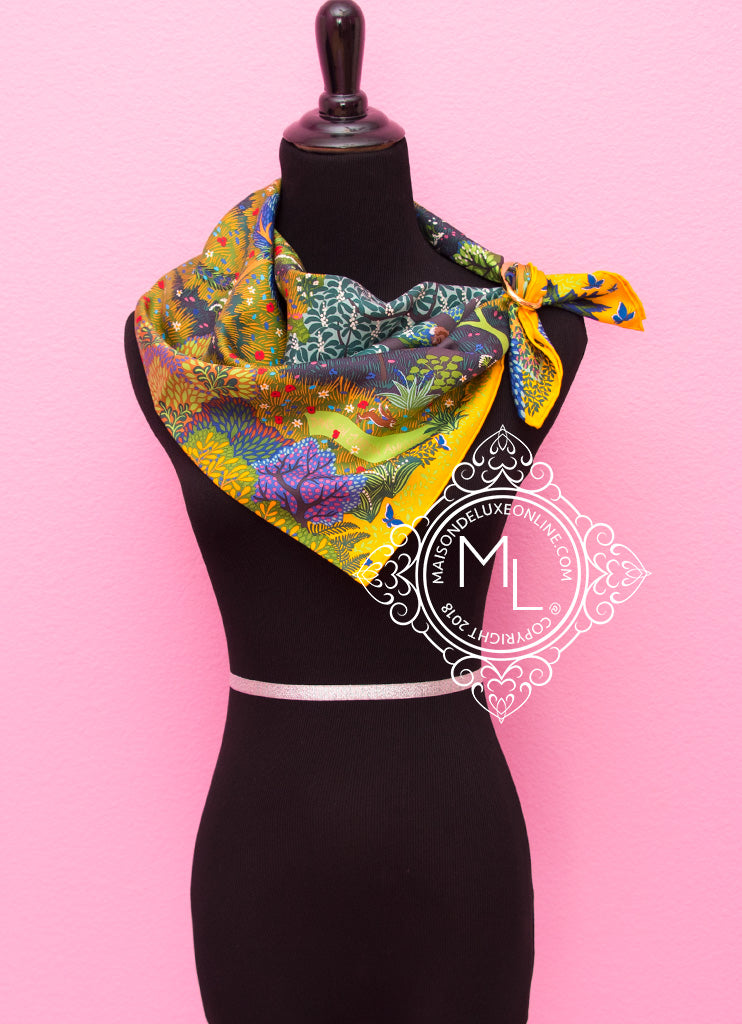Authentic Hermes Jaune d'Or Twill Silk 90cm Scarf - Dans Un Jardin Anglais Design | Luxury Fashion Accessory for Women, Perfect for Gifts, Parties & Special Occasions