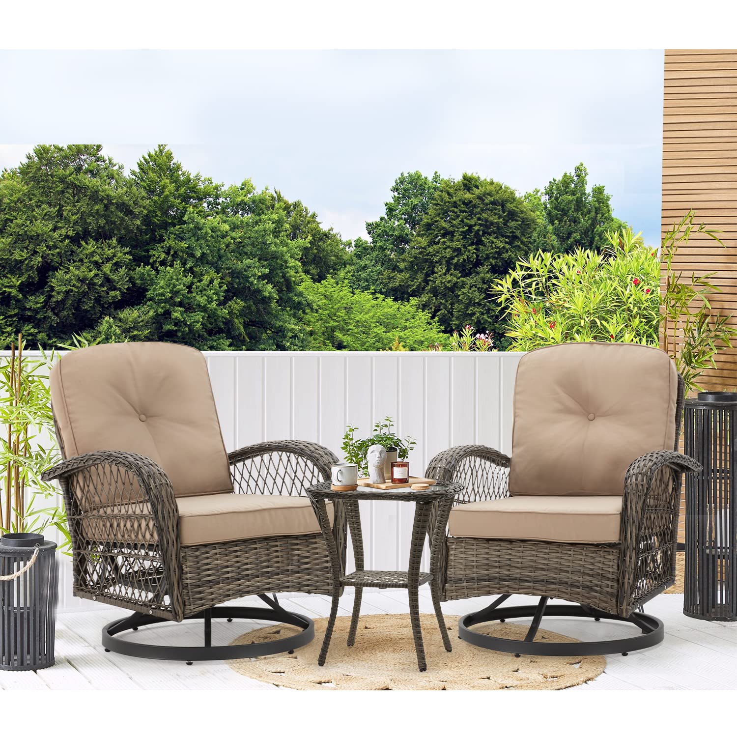 360° Swivel Rocking Patio Chairs Set of 3 with Thickened Cushions & Glass Coffee Table - Outdoor Conversation Furniture for Backyard, Garden, Poolside (Khaki) - Perfect for Relaxing, Entertaining & Enjoying Summer Days