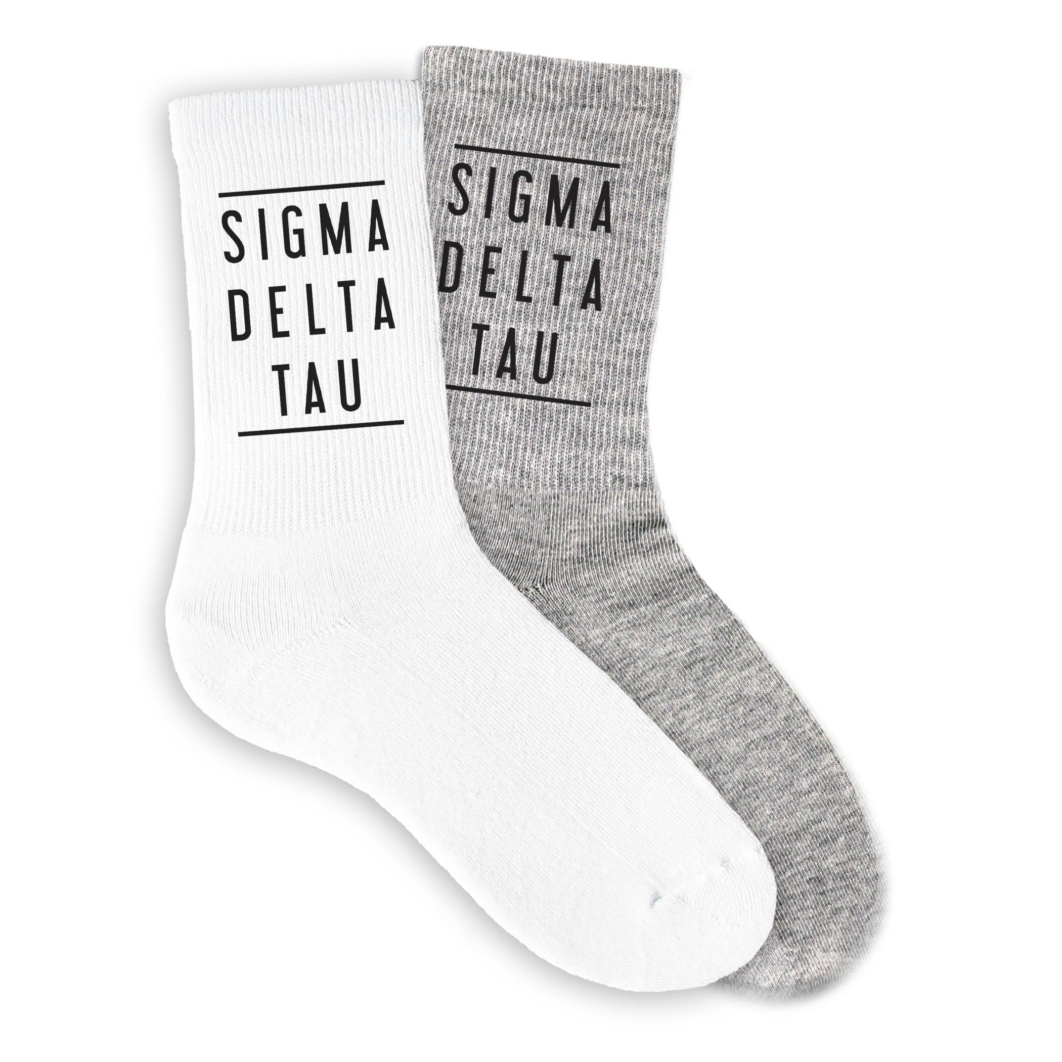 Sorority Name Printed Black White Ladies Crew Socks - Comfortable Cotton Socks for College, Greek Life & Everyday Wear