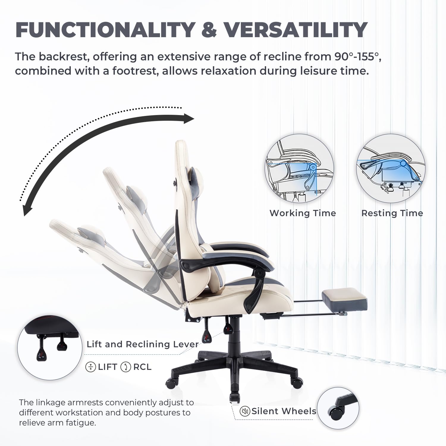Premium Ergonomic Gaming Chair with Adjustable Footrest & Massage Lumbar Support - High Back PC Gamer Chair for Adults with Reclining Function & Linkage Armrests - Big and Tall Comfort for Long Gaming Sessions, Office Work & Home Entertainment - Beige