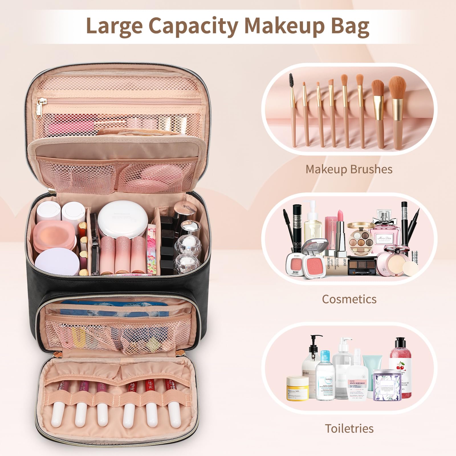 Large Waterproof Makeup Bag for Women - Travel Cosmetic Organizer with Removable Dividers, Perfect for Travel & Daily Use