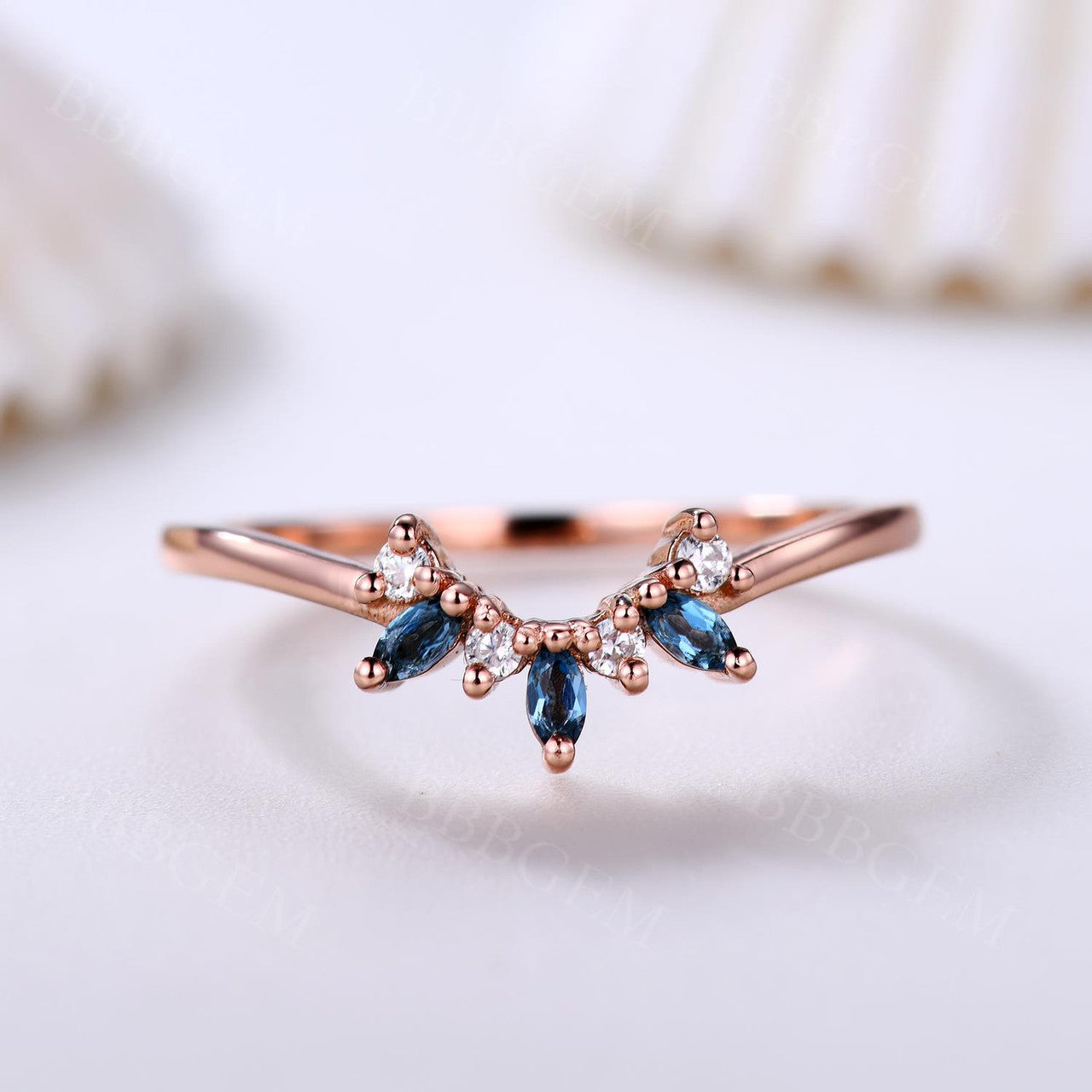 Marquise Shaped London Blue Topaz Curved Wedding Band in Rose Gold - Perfect for Engagement Rings, Anniversary Gifts & Bridal Jewelry Sets