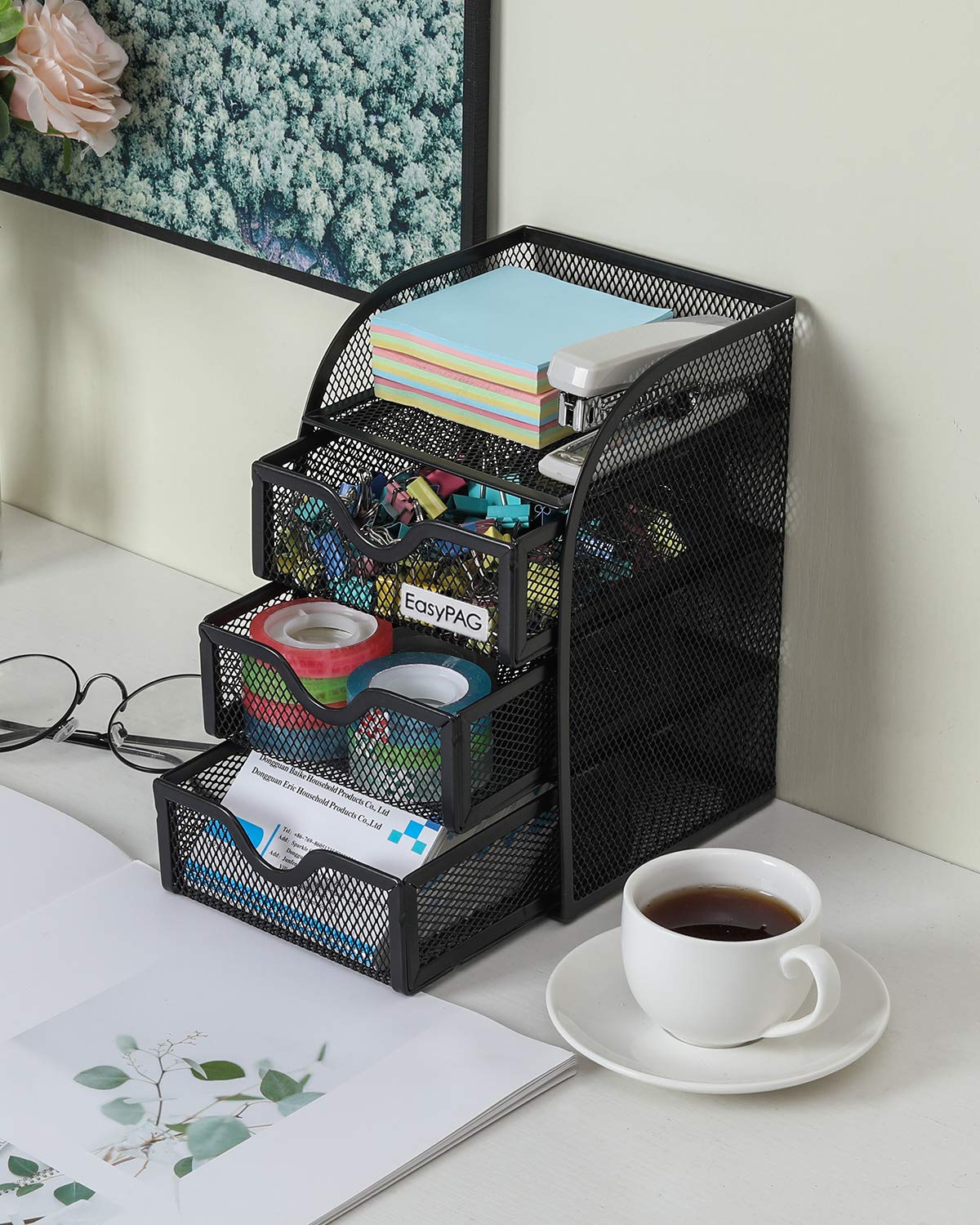 EasyPAG Mesh Desk Organizer with 3 Drawers - Office Desktop Organizer & Stationery Caddy for Home, School, Work - Perfect for Organizing Pens, Papers, and Office Supplies (Black)