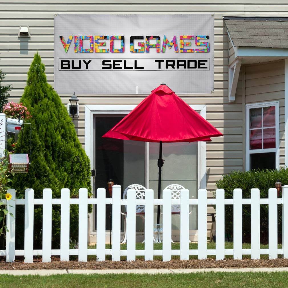 Durable 24x36 Inches Vinyl Banner with 4 Grommets - Weatherproof Outdoor Business Sign for Video Game Trade, Buy & Sell - Perfect for Yard Sales, Retail Stores & Industrial Use