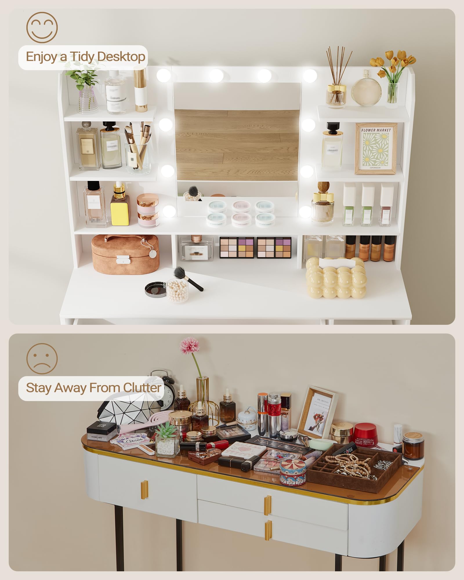 Vanity Desk with Mirror & 10 LED Lights - 3-Level Adjustable Brightness, Makeup Dressing Table with Hidden/Open Shelves & Oversized Drawers - Perfect for Bedroom, Dorm, Apartment (White)