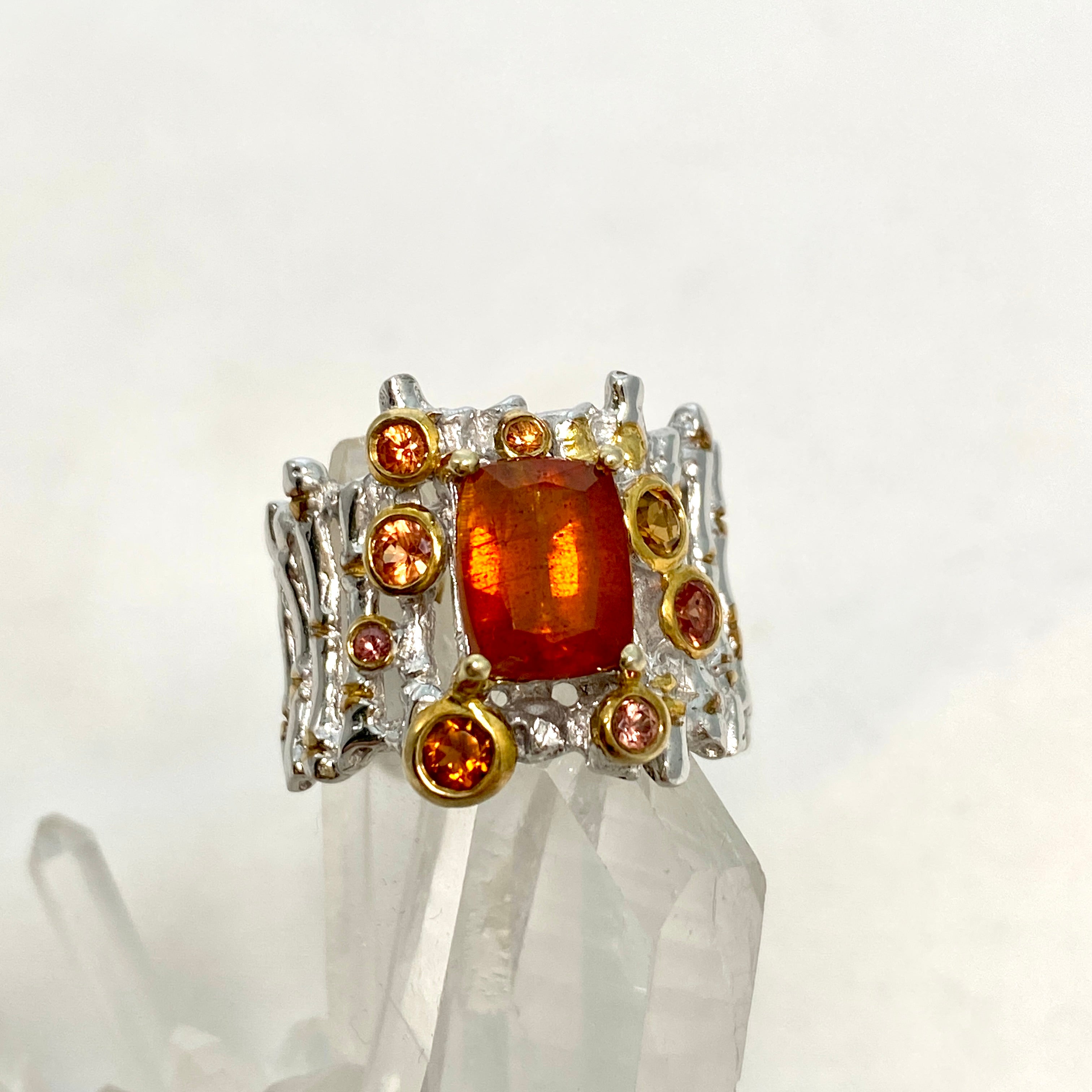Orange Kyanite Cushion Cut Ring with Tourmaline & Sapphire - Size 8 - Designer Jewelry for Women | Perfect for Weddings, Anniversaries & Special Occasions