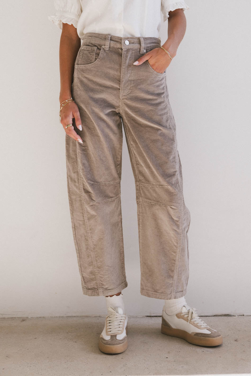 Lisette Women's Tan Corduroy Barrel Jeans - High Waisted Stretch Denim Pants for Casual & Work Wear - Final Sale
