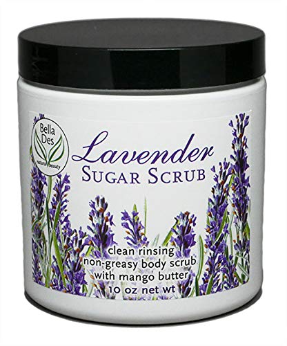 Bella Des Natural Beauty Lavender Sugar Scrub for Hands & Body – Exfoliating & Moisturizing with Mango Butter & Essential Oil | 10oz Non-Greasy Formula | Perfect for Spa Day, Dry Skin Care & Relaxation