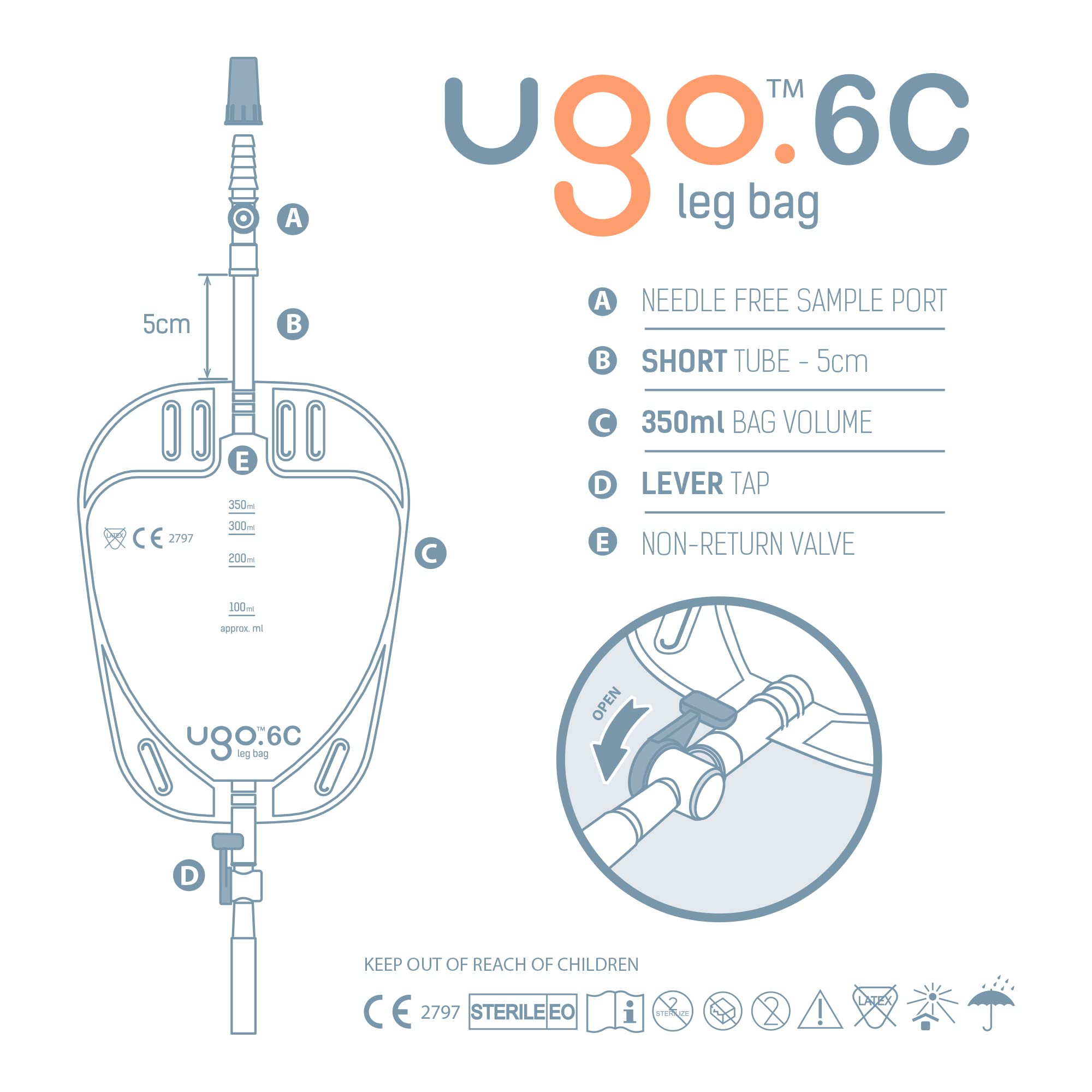 Ugo Leg Bags (10 Pack) - 350ml Urine Drainage Bags for Catheter with Soft Fabric Backing, Natural Leg-Shape Design, Short Tube & Lever Tap - Ideal for Daily Use, Travel, and Post-Surgery Care (Ugo 6C)