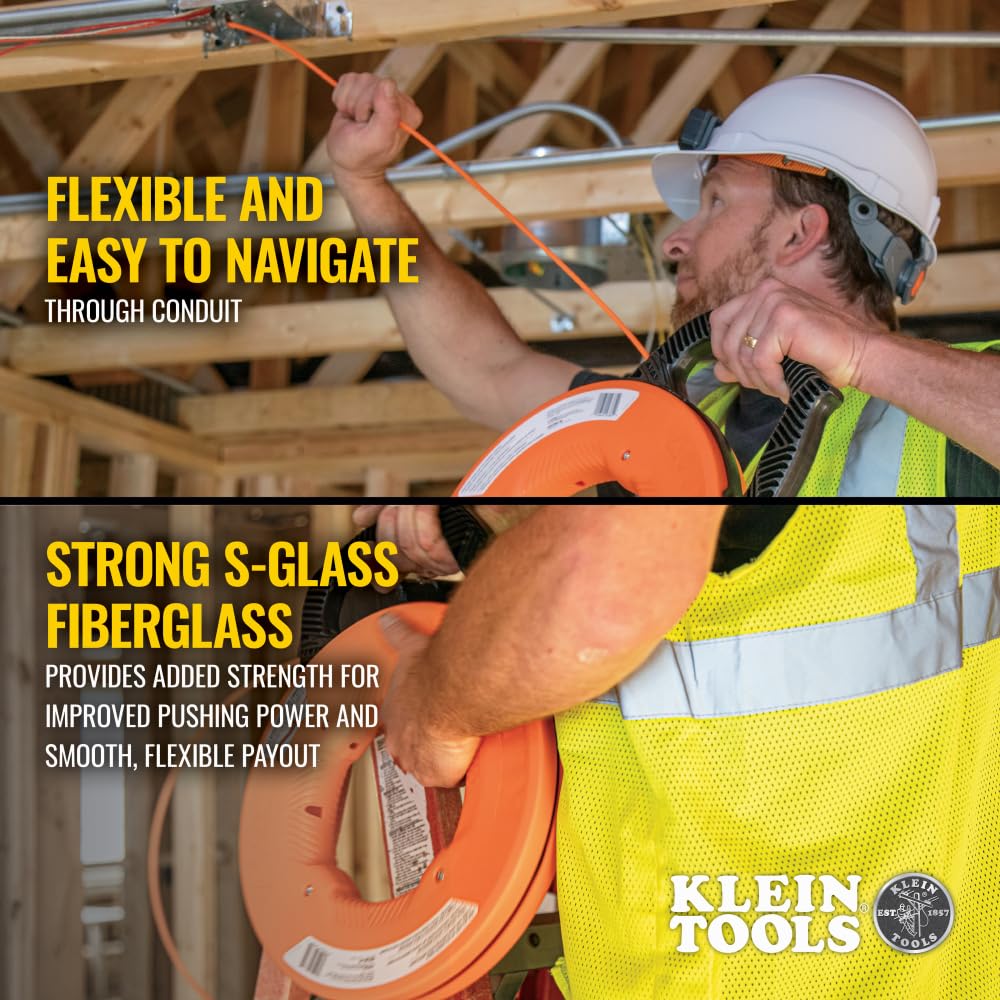 Klein Tools 56382 Non-Conductive 50-Foot Electrical Fish Tape - 3/16-Inch Multi-Groove Fiberglass Wire Puller with Optimized Housing & Handle for Electricians, DIY Home Wiring & Cable Installation