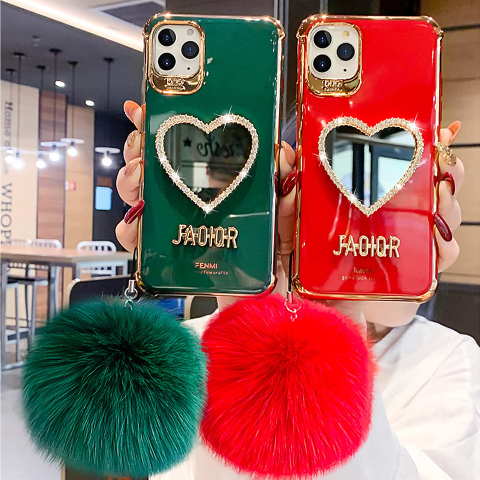 Luxury Heart-Shaped Bling Phone Case for iPhone 7/8 - Girly Cute Shining Protective Cover with Mirror (Dark Green) | Perfect for Makeup Touch-ups, Selfies & Everyday Glam