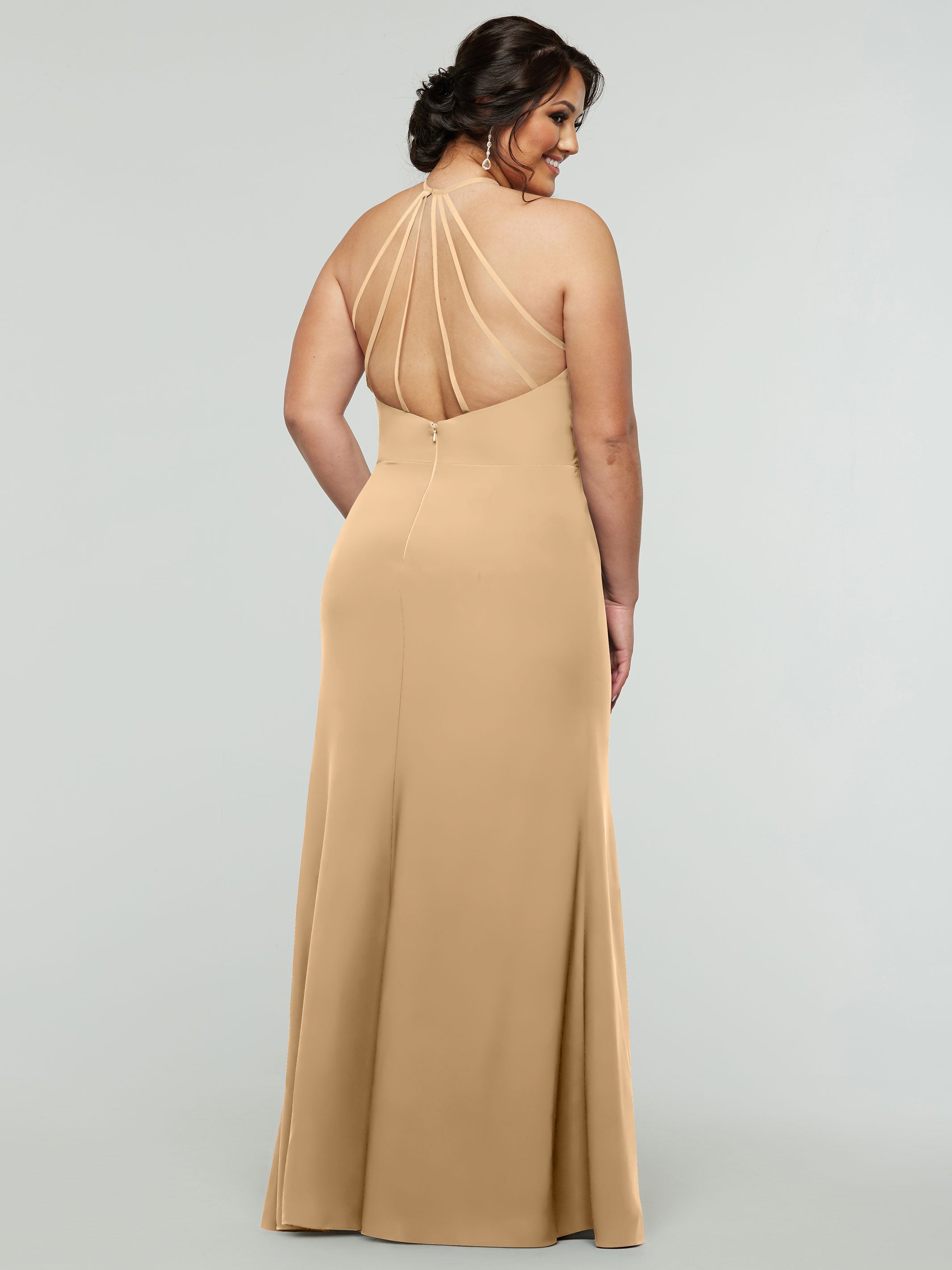 Elegant 83031 Fit and Flare Stretch Chiffon Bridesmaid Dress with Halter Neck & Thigh Slit - Perfect for Weddings, Prom, and Formal Events