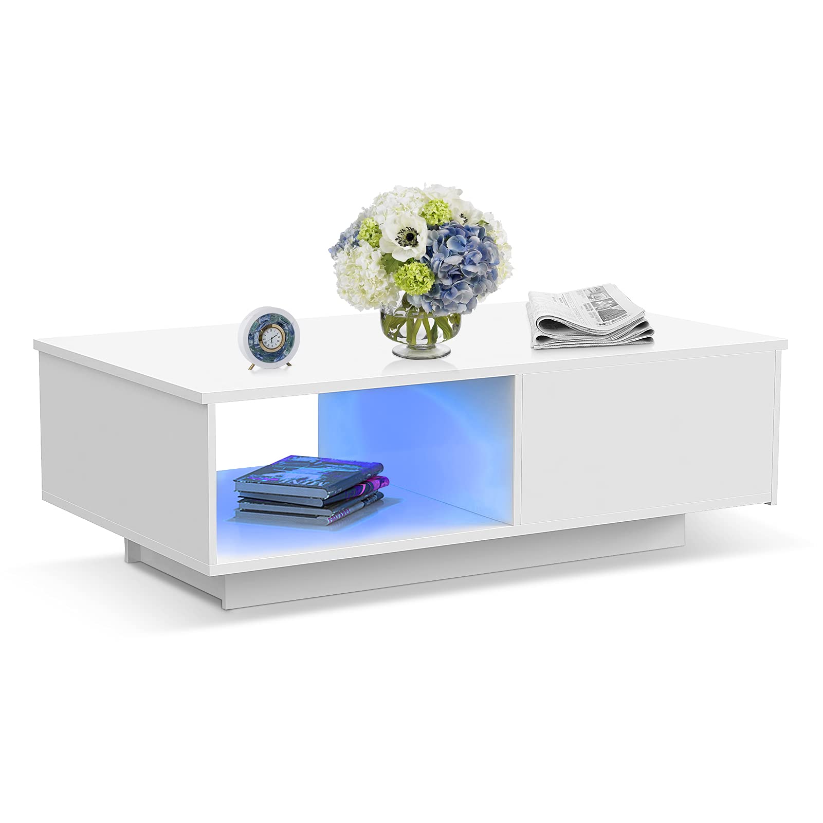 Modern Glossy White Coffee Table - Contemporary Rectangle Design Side Cocktail End Table with Storage Drawer - 21.7x13.7x12.2 Inches - Perfect for Living Room, Lounge, or Office Use