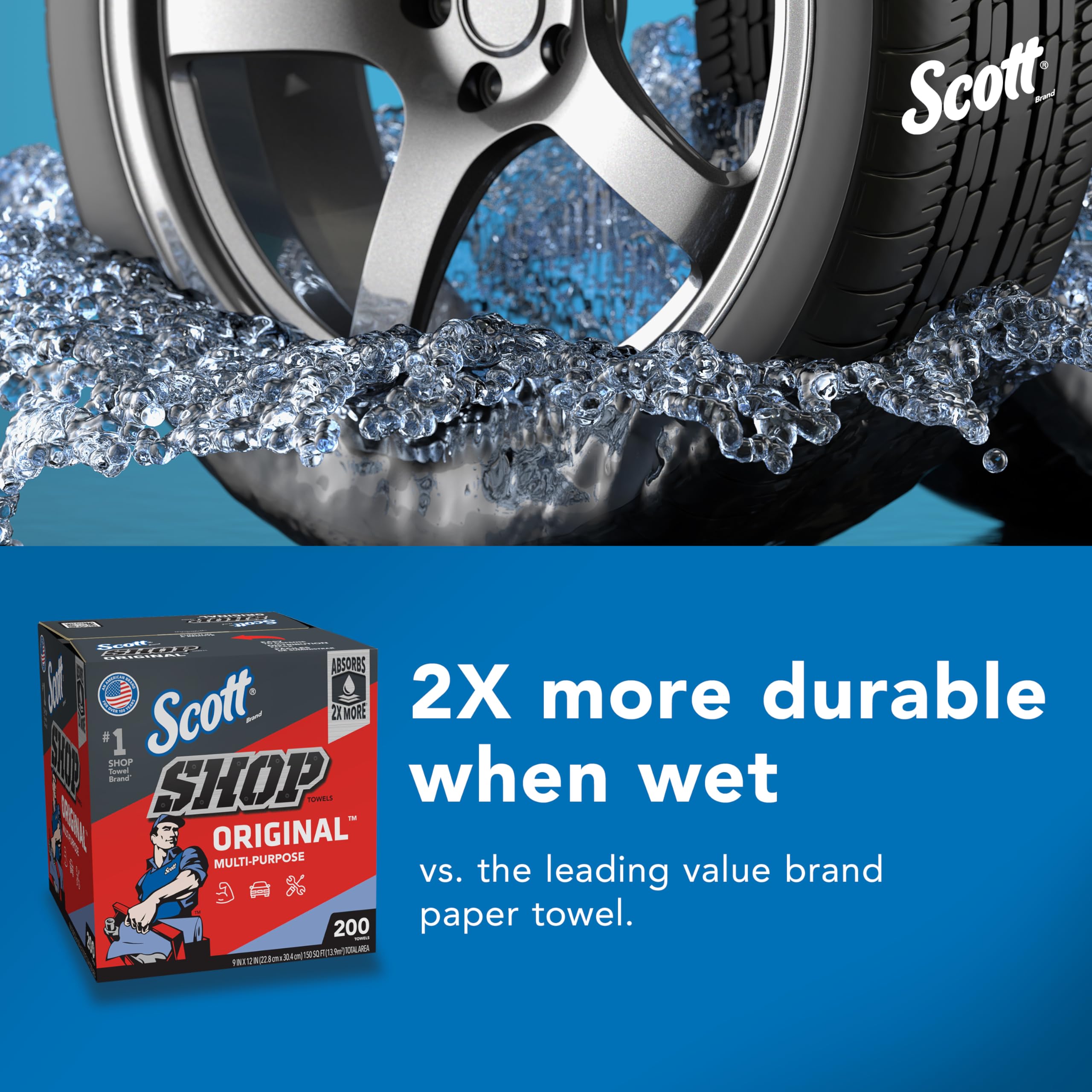 Scott® Shop Towels Original (75190) - Heavy Duty Blue Industrial Paper Towels, 200 Towels per Box, 8 Boxes per Case (1,600 Towels Total) - Pop-Up Dispenser Box for Auto Shops, Garages, Workshops & Industrial Cleaning