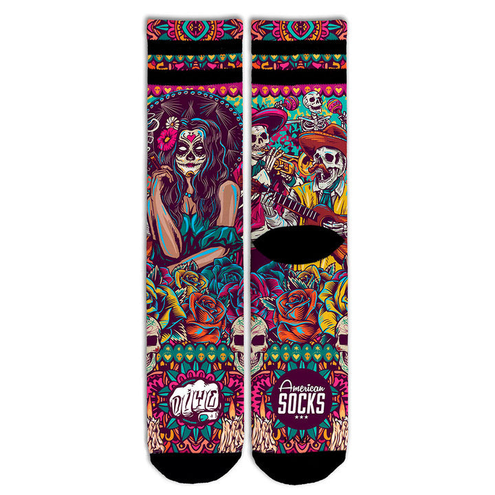 American Socks Signature Dia De Los Muertos Mid High Socks - Colorful Mexican Day of The Dead Design for Halloween, Cosplay & Everyday Wear