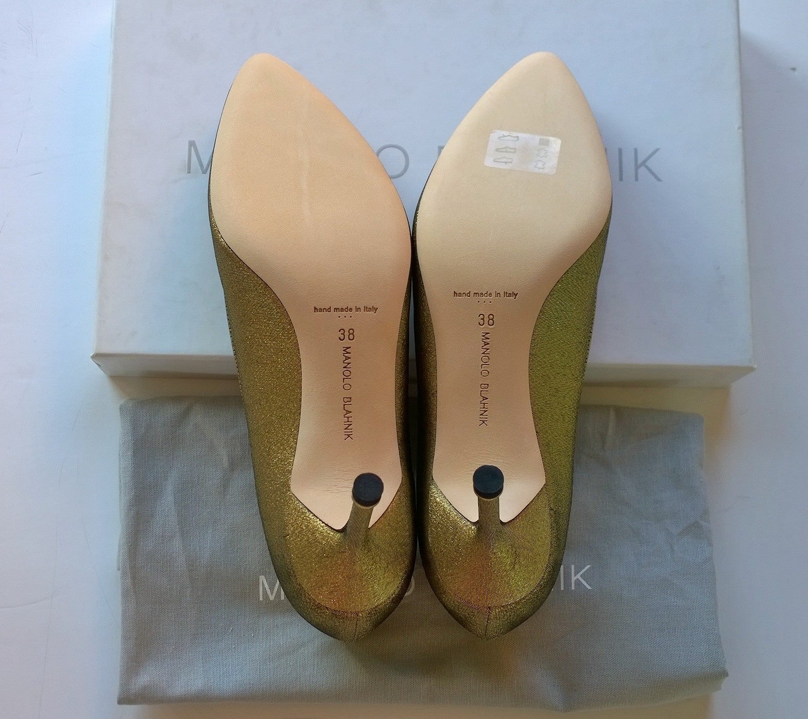 Manolo Blahnik Hangisi 70 Gold Heels with Rhinestone Buckle - Luxury Women's Pumps for Weddings, Parties & Special Occasions