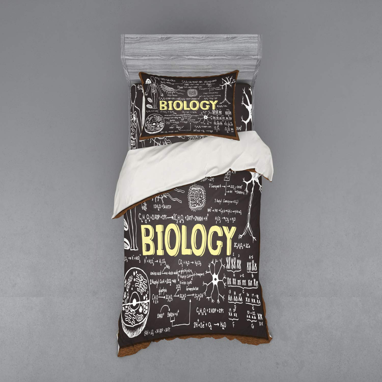 Ambesonne Science Duvet Cover Set - Black Chalkboard Biology Handwritten Design, 3-Piece Bedding Set with Pillow Sham & Fitted Sheet, Twin Size in Black/Brown/Pale Yellow | Perfect for Science Lovers, Dorm Rooms & Themed Bedrooms